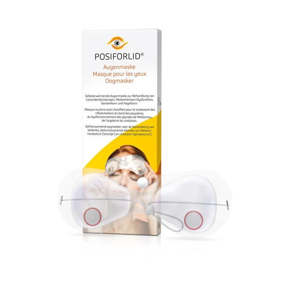 Masque oculaire Posiforlid sur fond blanc, avec emballage et une femme le portant.