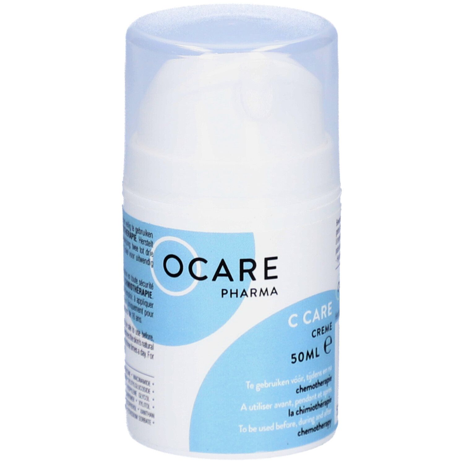 Flacon de C Care Crème. Logo OCARE PHARMA. Texte : C Care Crème. 50ml. Pour une utilisation pendant la chimiothérapie.