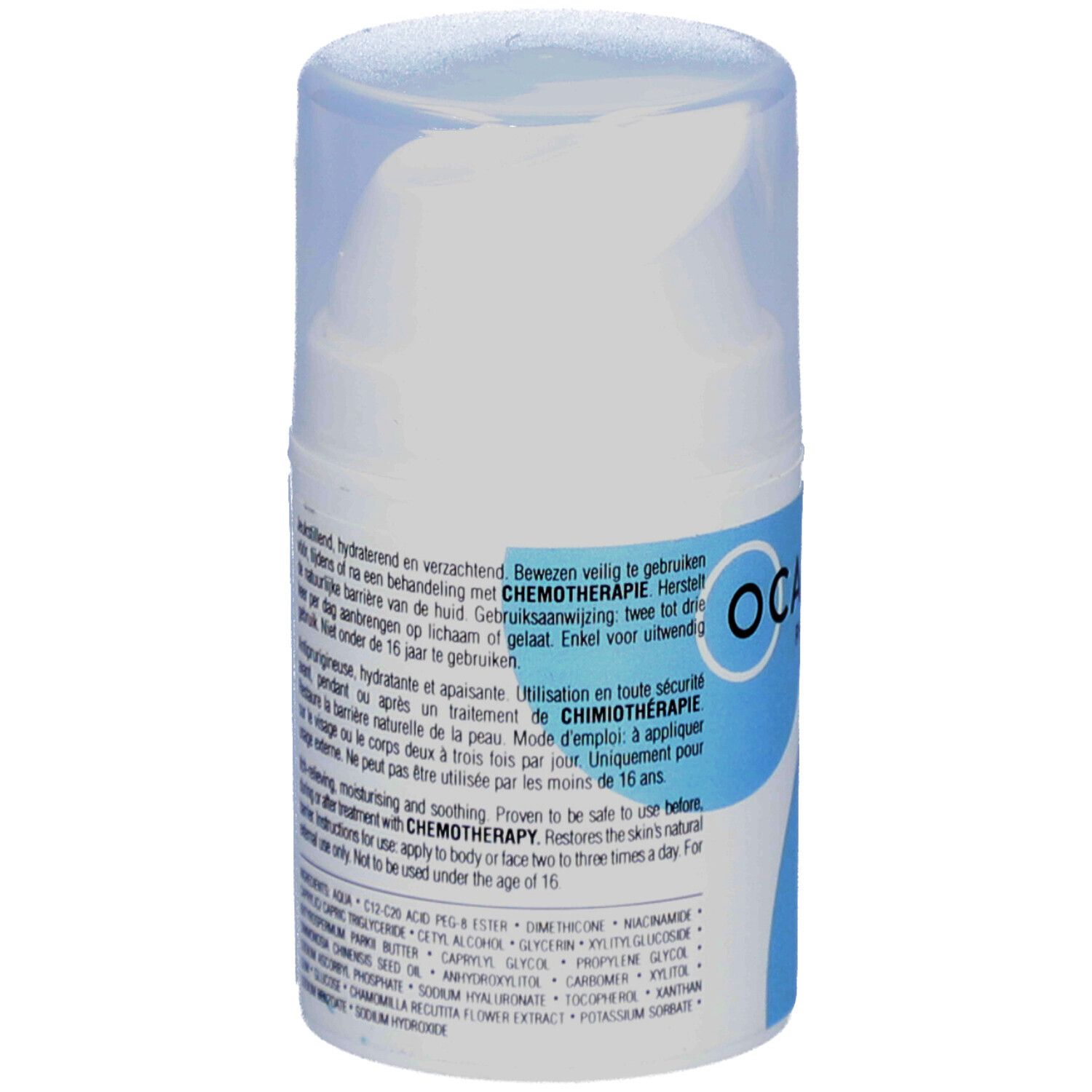 Dos du flacon de C Care Crème. Texte : Pour une utilisation pendant la chimiothérapie. Ingrédients.