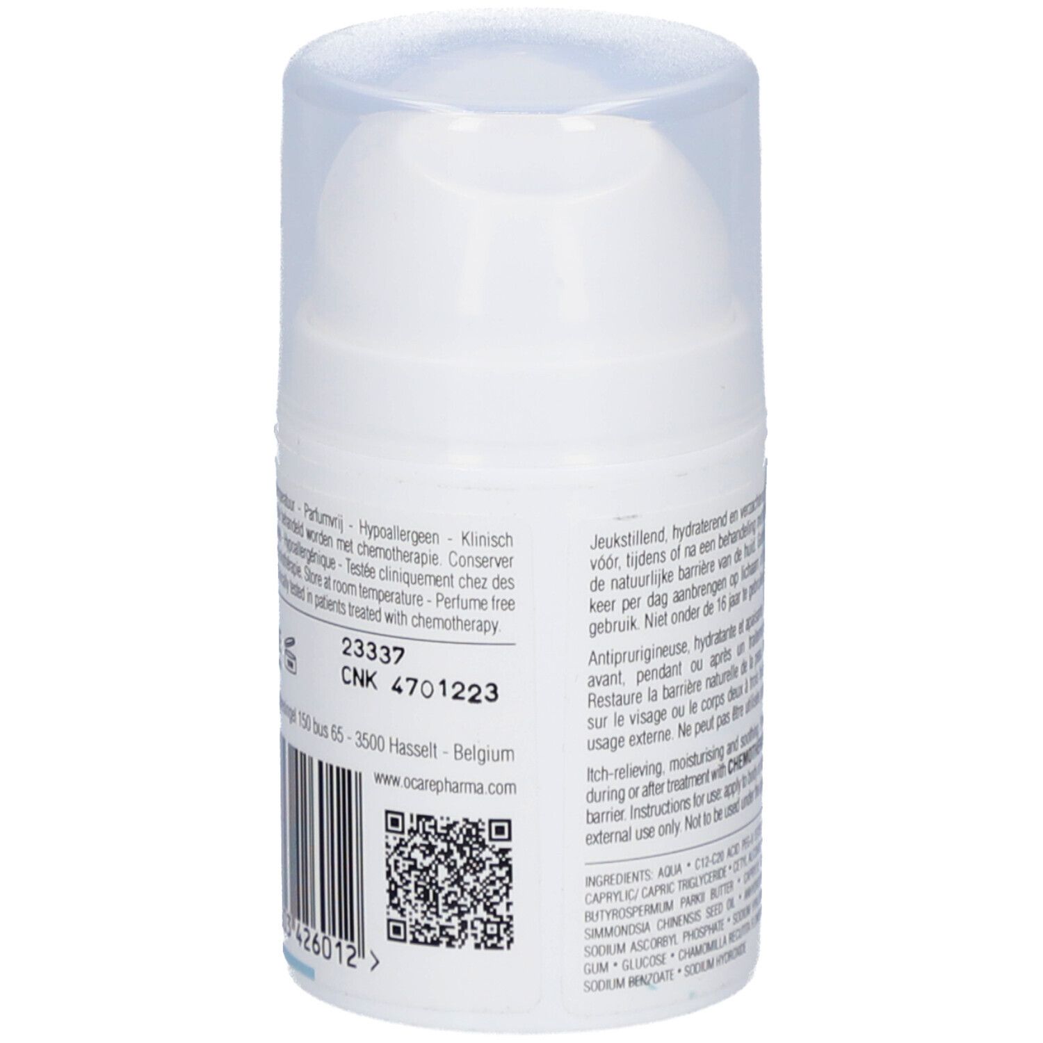 Dos du flacon de C Care Crème. Texte : Hypoallergénique. Testé cliniquement. Adresse et QR code.