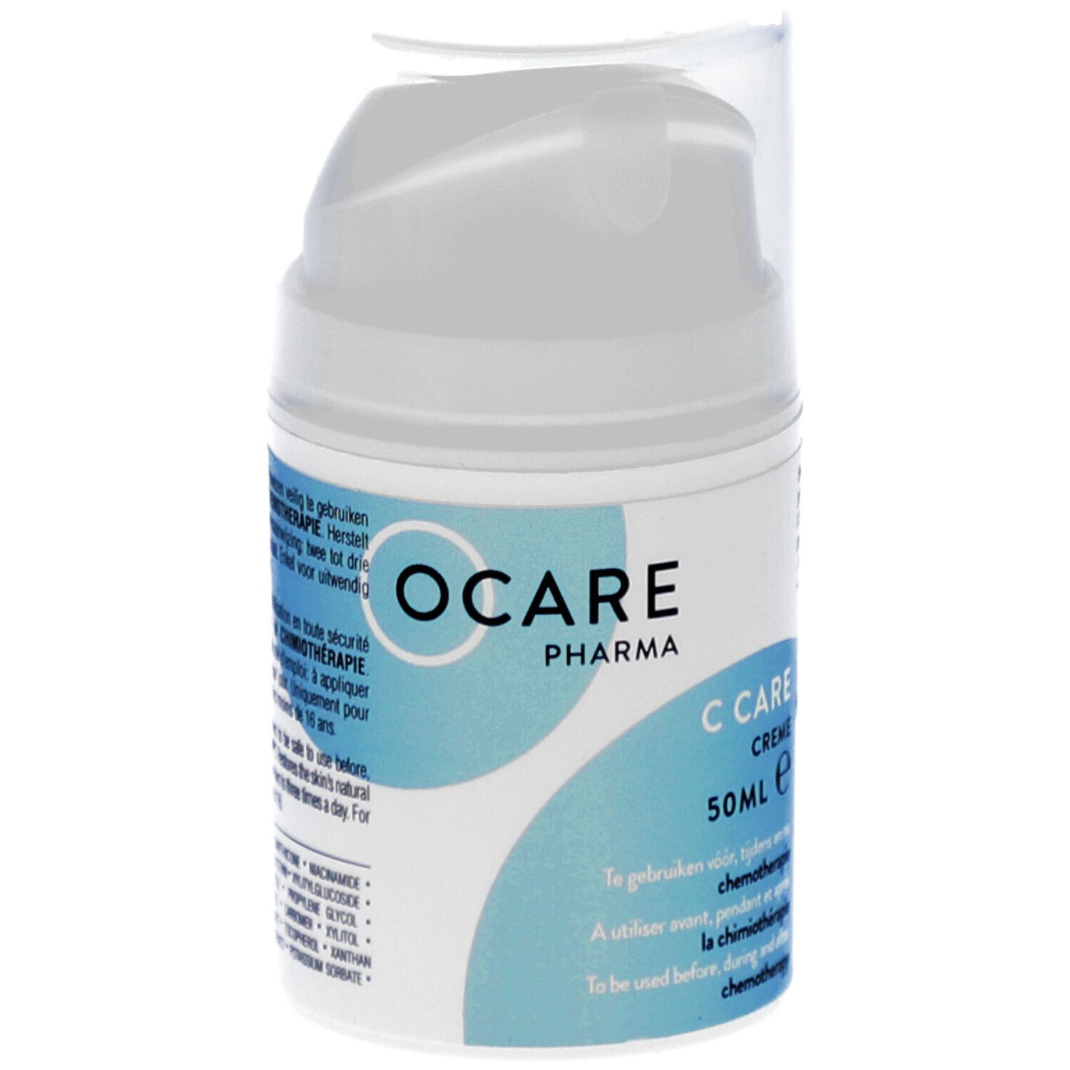 Flacon de C Care Crème. Logo OCARE PHARMA. Texte : C Care Crème. 50ml. Pour une utilisation pendant la chimiothérapie.