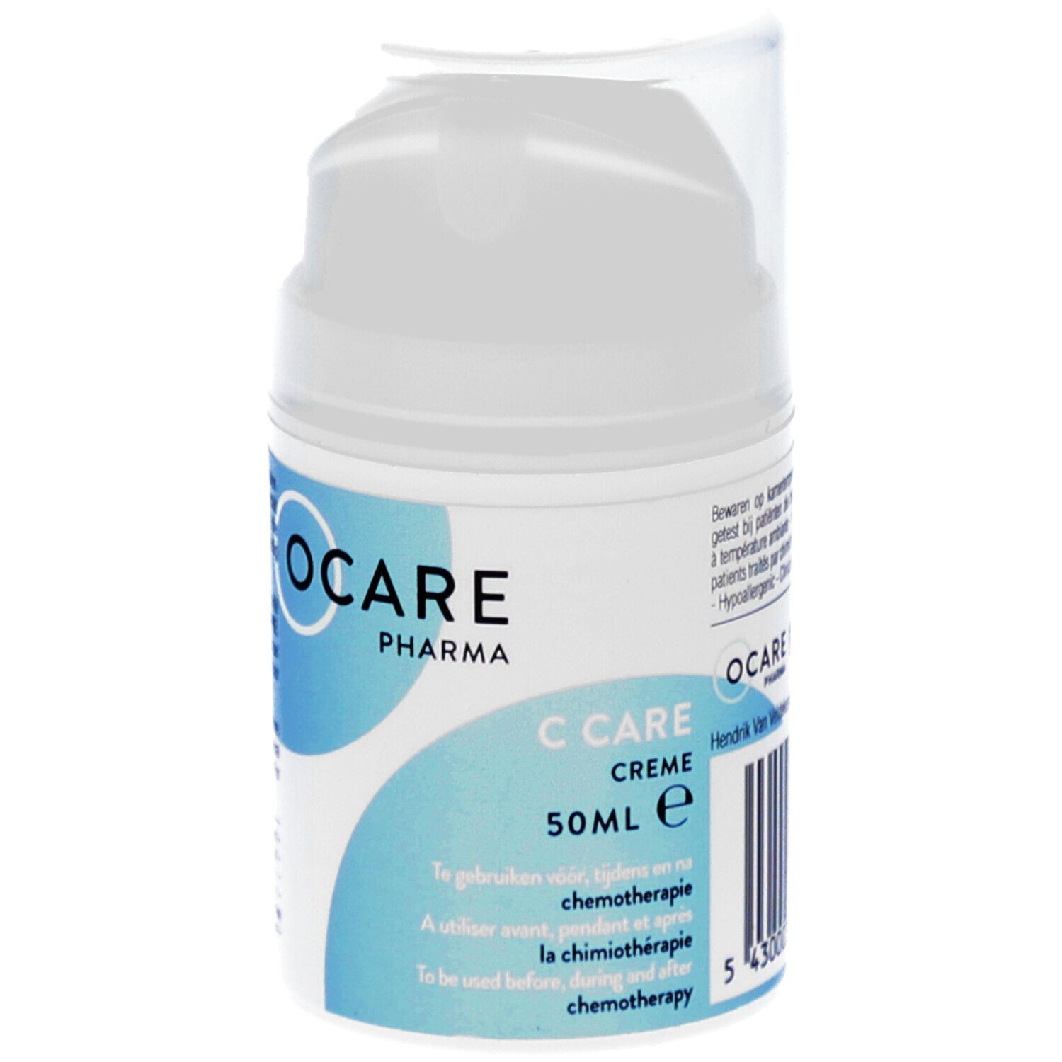 Flacon de C Care Crème. Logo OCARE PHARMA. Texte : C Care Crème. 50ml. Pour une utilisation pendant la chimiothérapie.