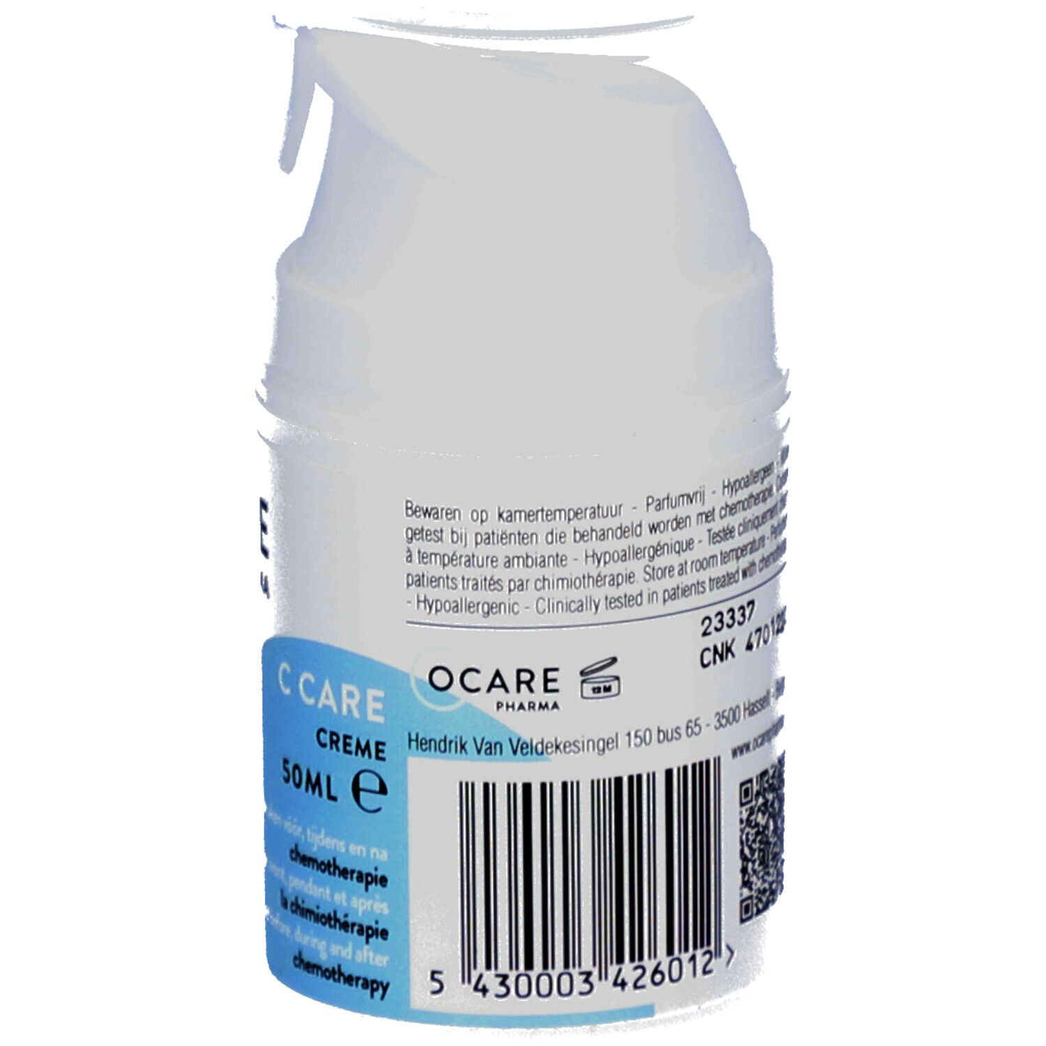 Dos du flacon de C Care Crème. Texte : C Care Crème. 50ml. Logo OCARE PHARMA. Code-barres.
