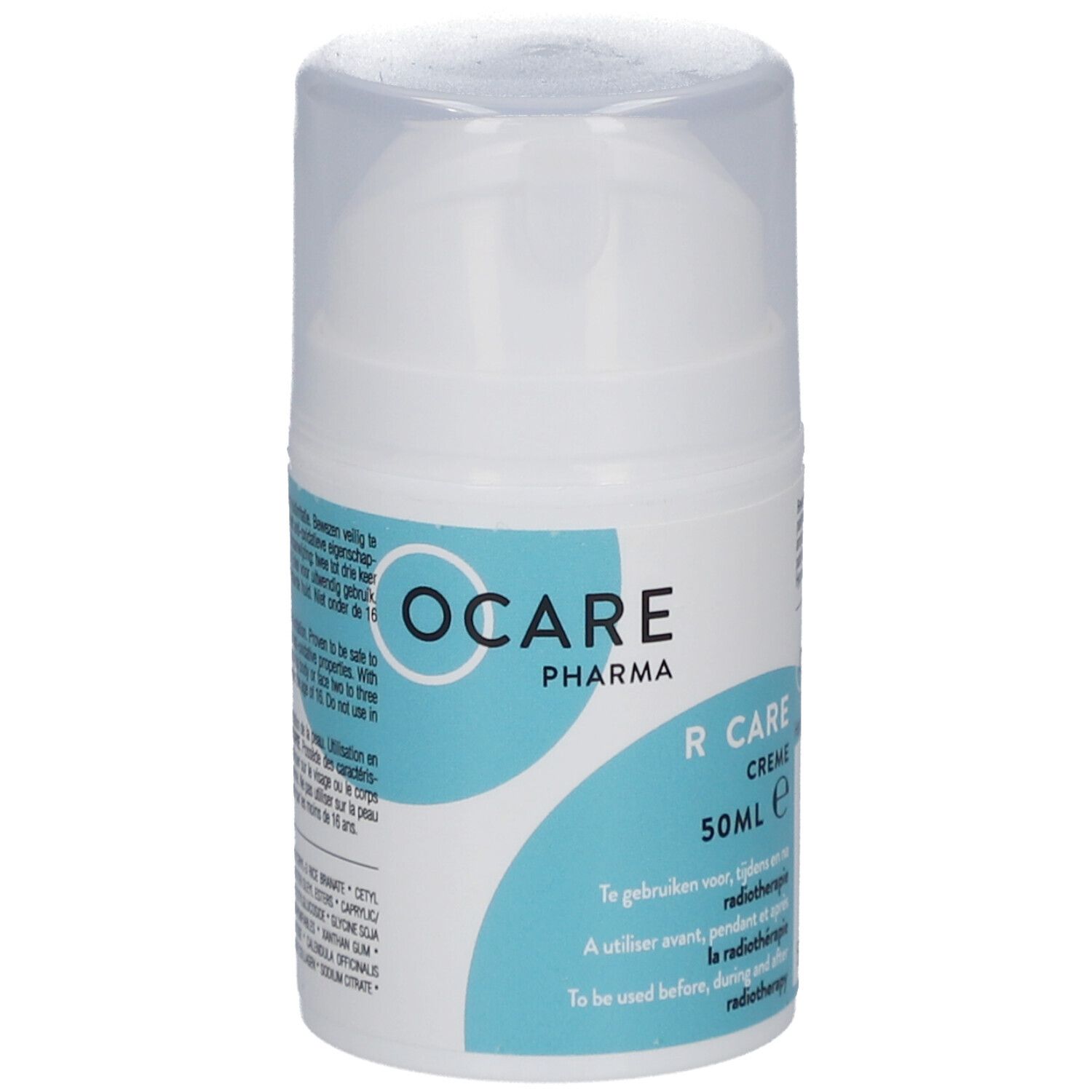 Ocare Pharma R Care Creme. Flacon blanc avec étiquette bleue. Texte: 50ml, avant, pendant et après radiothérapie.
