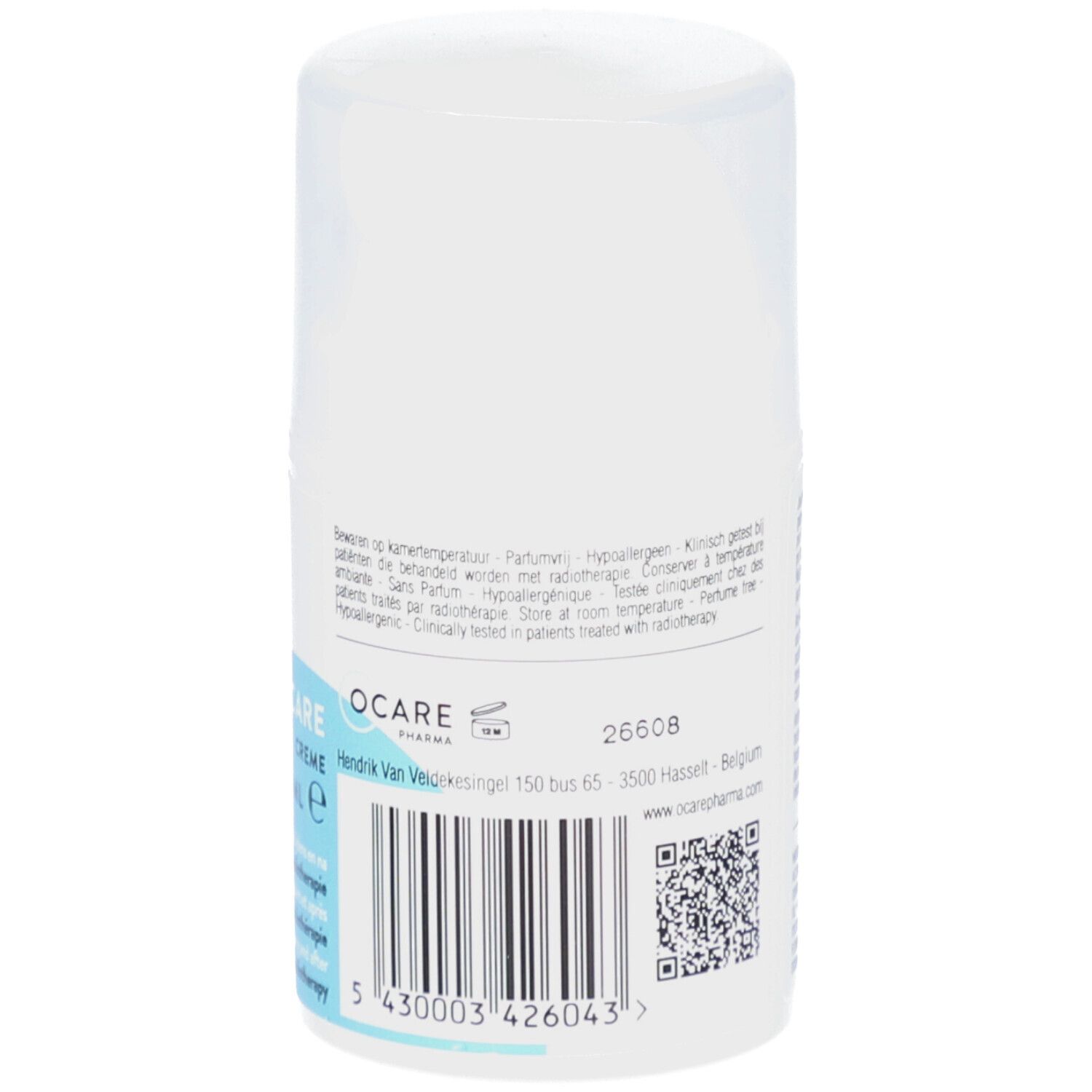 Dos du flacon Ocare Pharma R Care Creme. Texte: Hypoallergénique, testé cliniquement en radiothérapie. Code-barres et QR code.