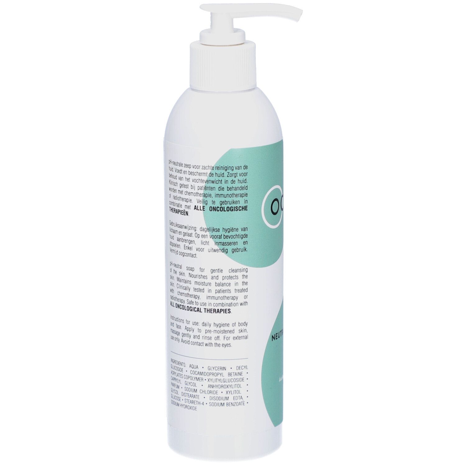 Dos du flacon blanc. Ocare Pharma, G Care. Texte en allemand et anglais. Pour thérapies oncologiques.