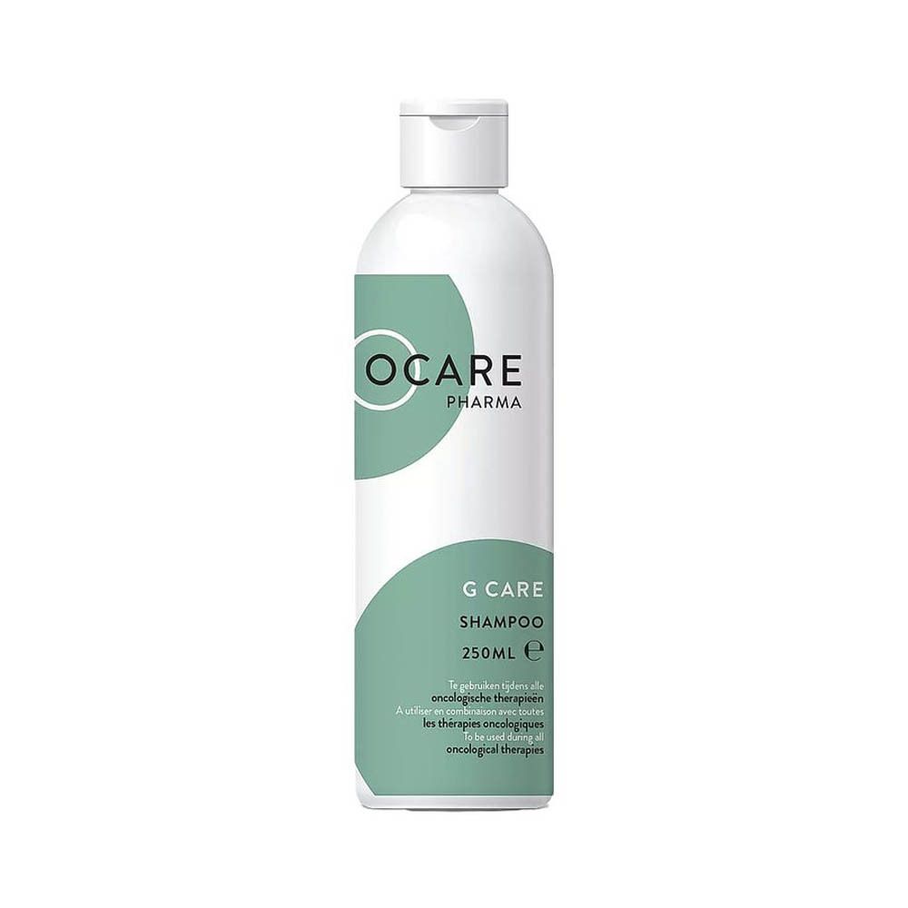 Flacon blanc Ocare Pharma G Care Shampoo. Motifs turquoise. Texte: G Care Shampoo, 250ml e, thérapies oncologiques.