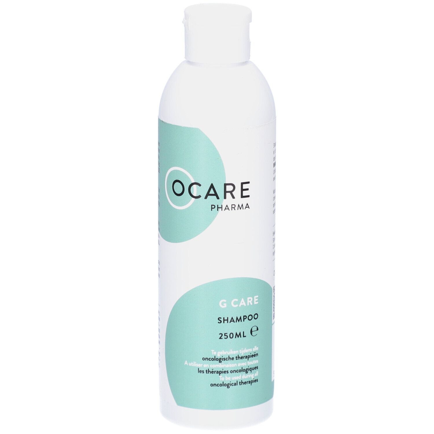 Flacon blanc Ocare Pharma G Care Shampoo. Motifs turquoise. Texte: G Care Shampoo, 250ml e, thérapies oncologiques.
