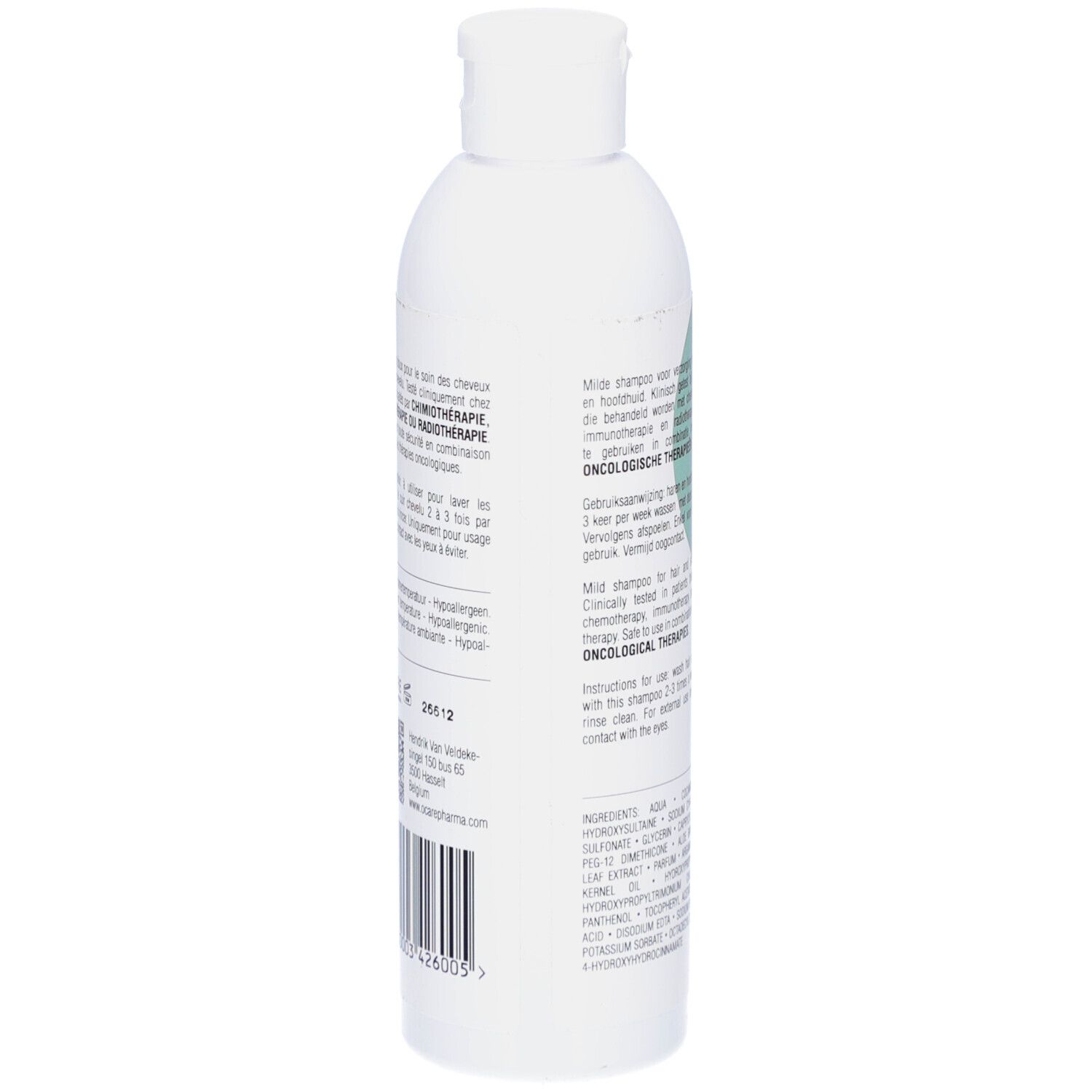 Dos du flacon blanc Ocare Pharma G Care Shampoo. Texte multilingue. Motifs turquoise. Code-barres.