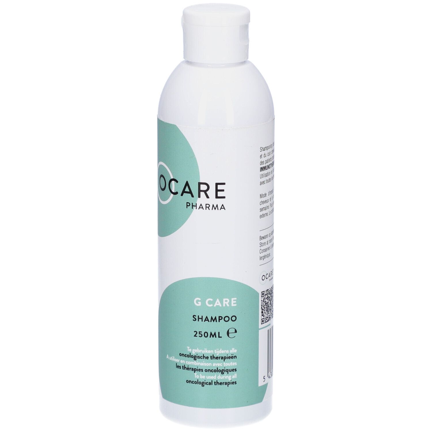 Flacon blanc Ocare Pharma G Care Shampoo. Motifs turquoise. Texte: G Care Shampoo, 250ml e, thérapies oncologiques.