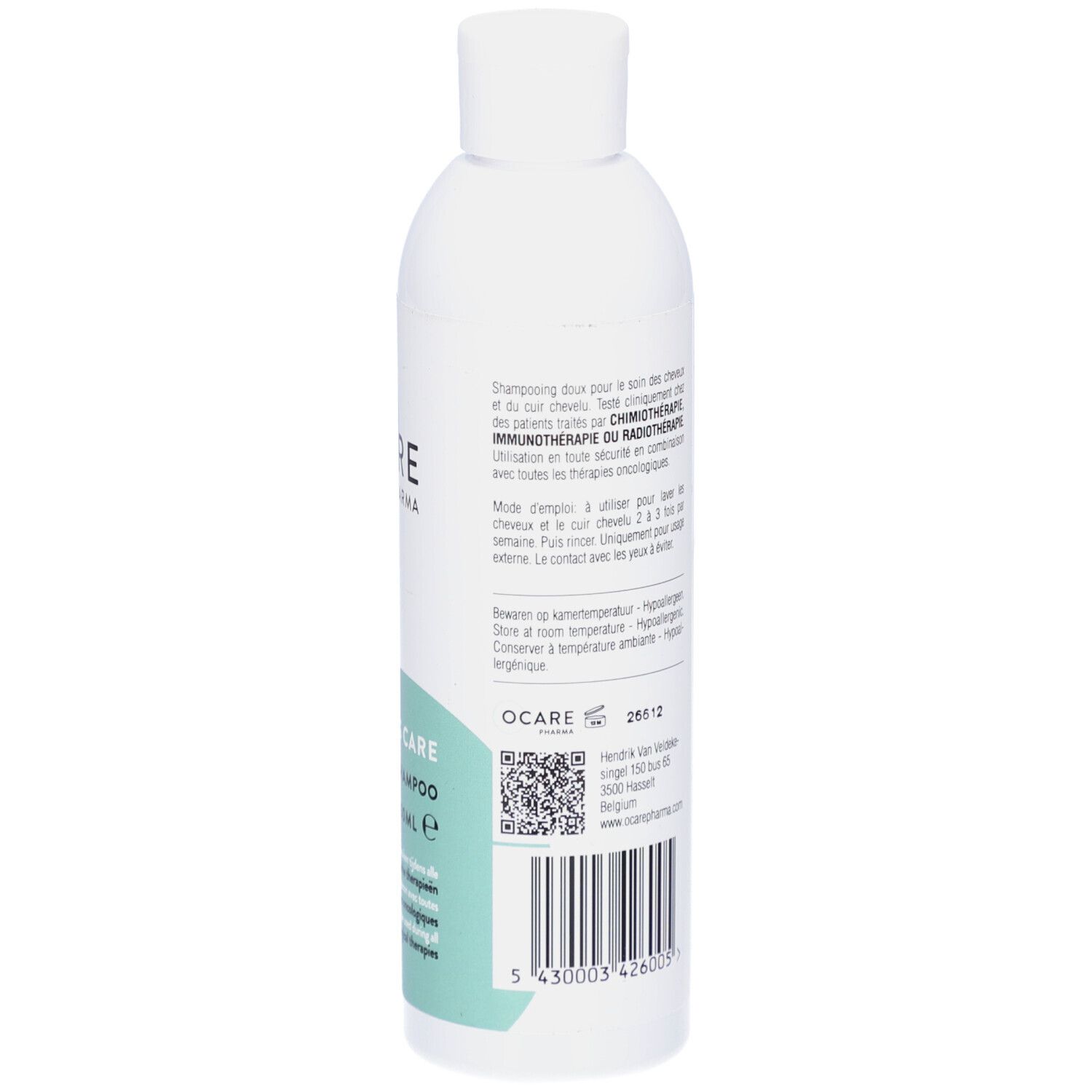 Dos du flacon blanc Ocare Pharma G Care Shampoo. Texte multilingue. Motifs turquoise. Code QR.