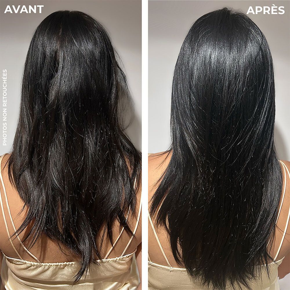 Deux vues de cheveux. À gauche : avant, non soigné. À droite : après, brillant et sain.