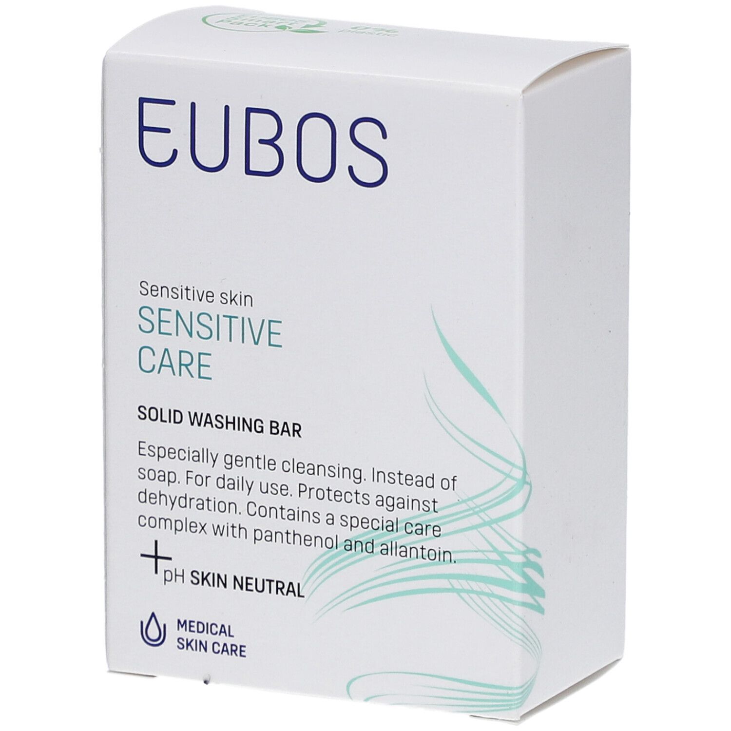 Emballage Eubos blanc, texte bleu. Soin sensible, pain dermatologique, pH neutre pour la peau.