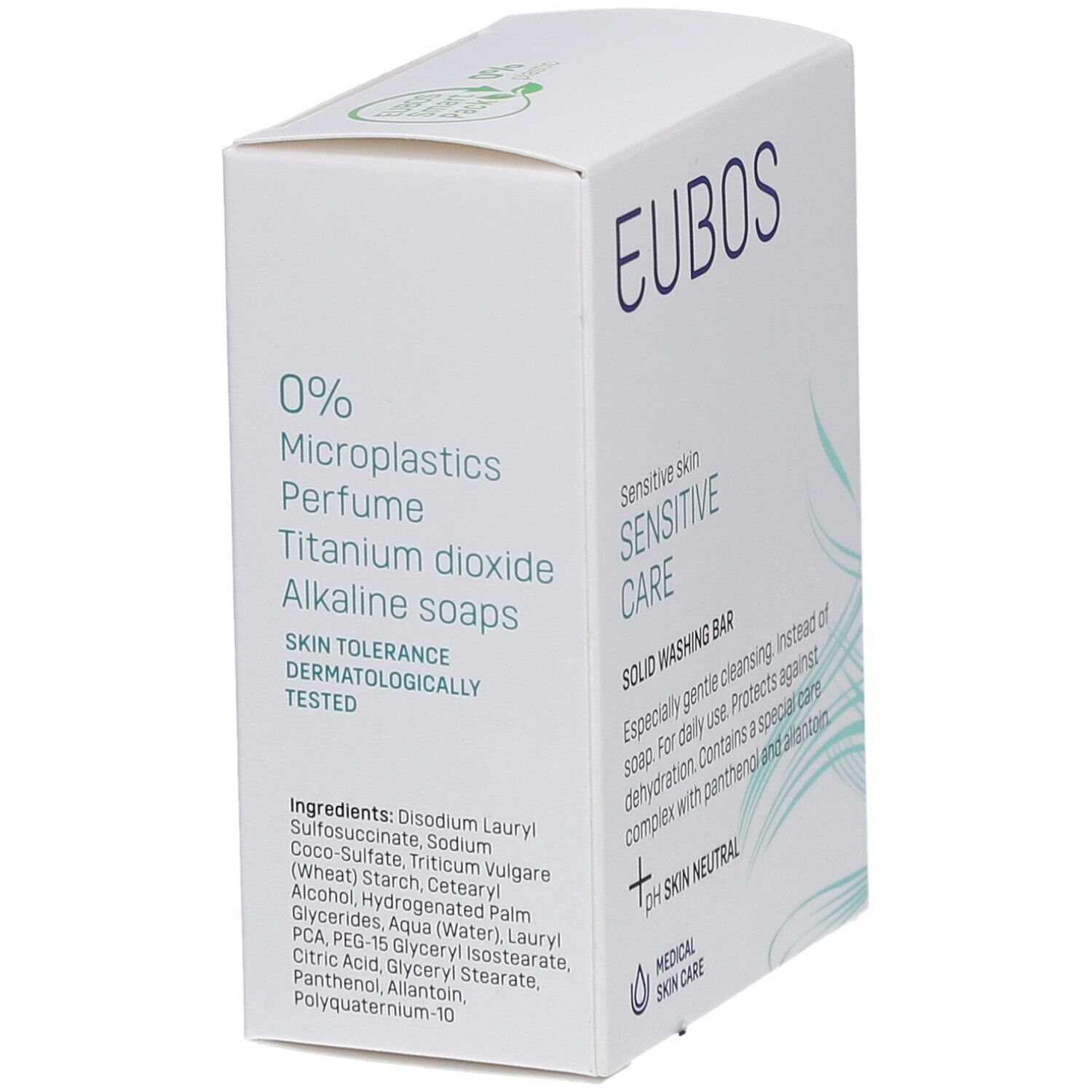 Emballage Eubos blanc, détails bleus et verts. 0% microplastiques, testé dermatologiquement. Ingrédients.