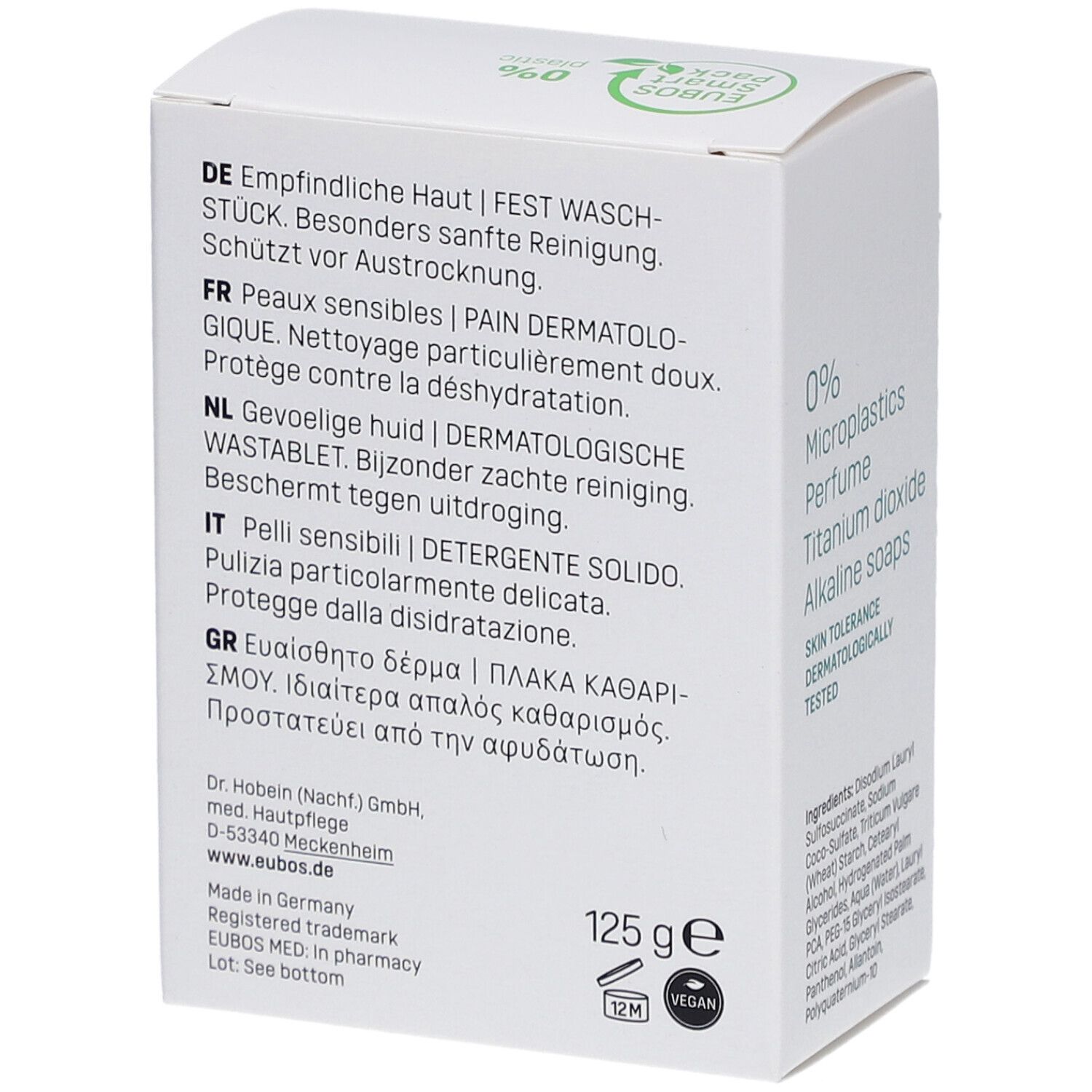 Emballage Eubos blanc, texte multilingue. 125g. Labels végétalien et environnemental.