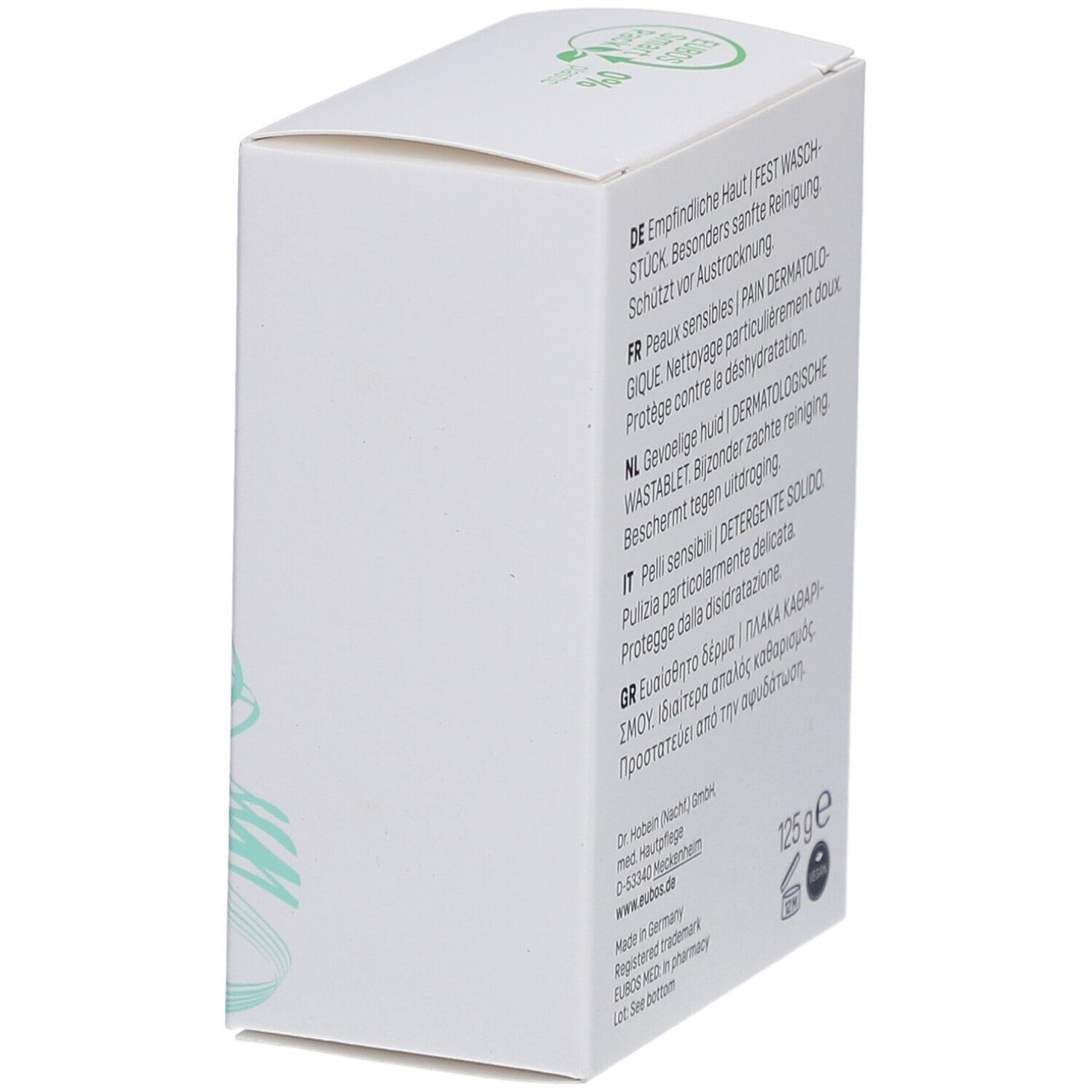 Emballage Eubos blanc, texte multilingue. 125g. Labels végétalien et environnemental.