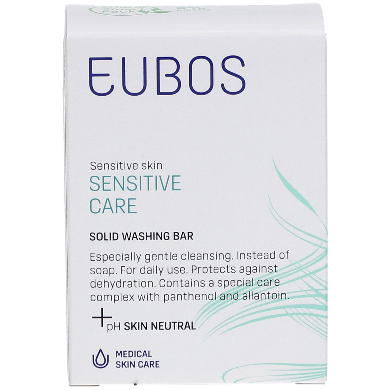 Emballage Eubos blanc, texte bleu. Soin sensible, pain dermatologique, pH neutre pour la peau.