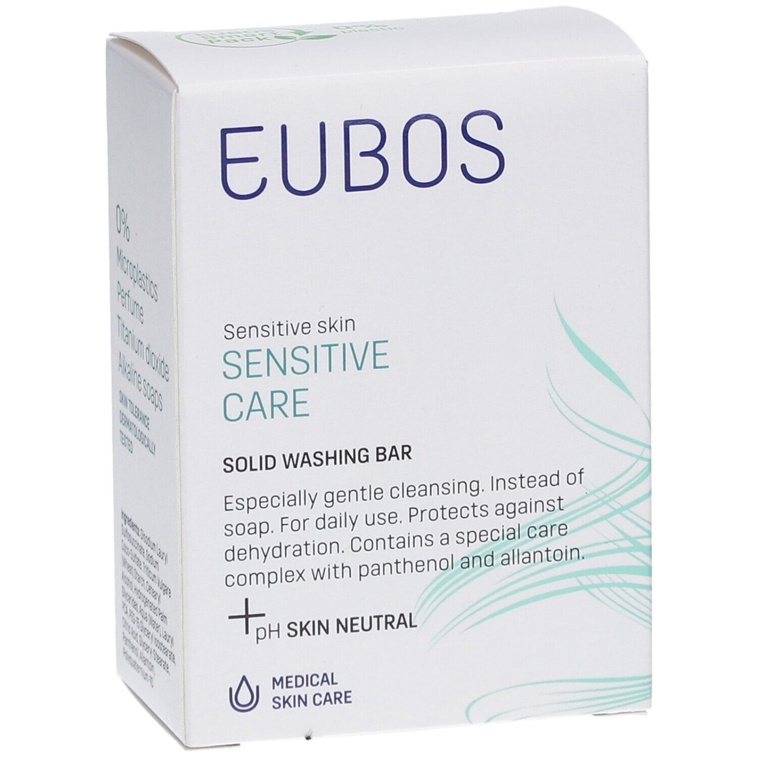 Emballage Eubos blanc, texte bleu. Soin sensible, pain dermatologique, pH neutre pour la peau.