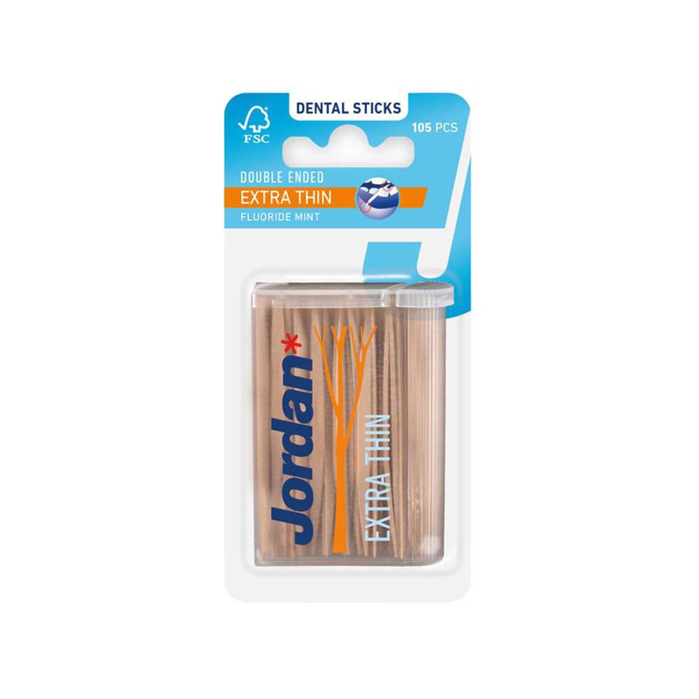 Emballage de cure-dents Jordan Extra fins. Cure-dents doubles, extra fins, menthe fluorée. 105 pièces. Certification FSC.