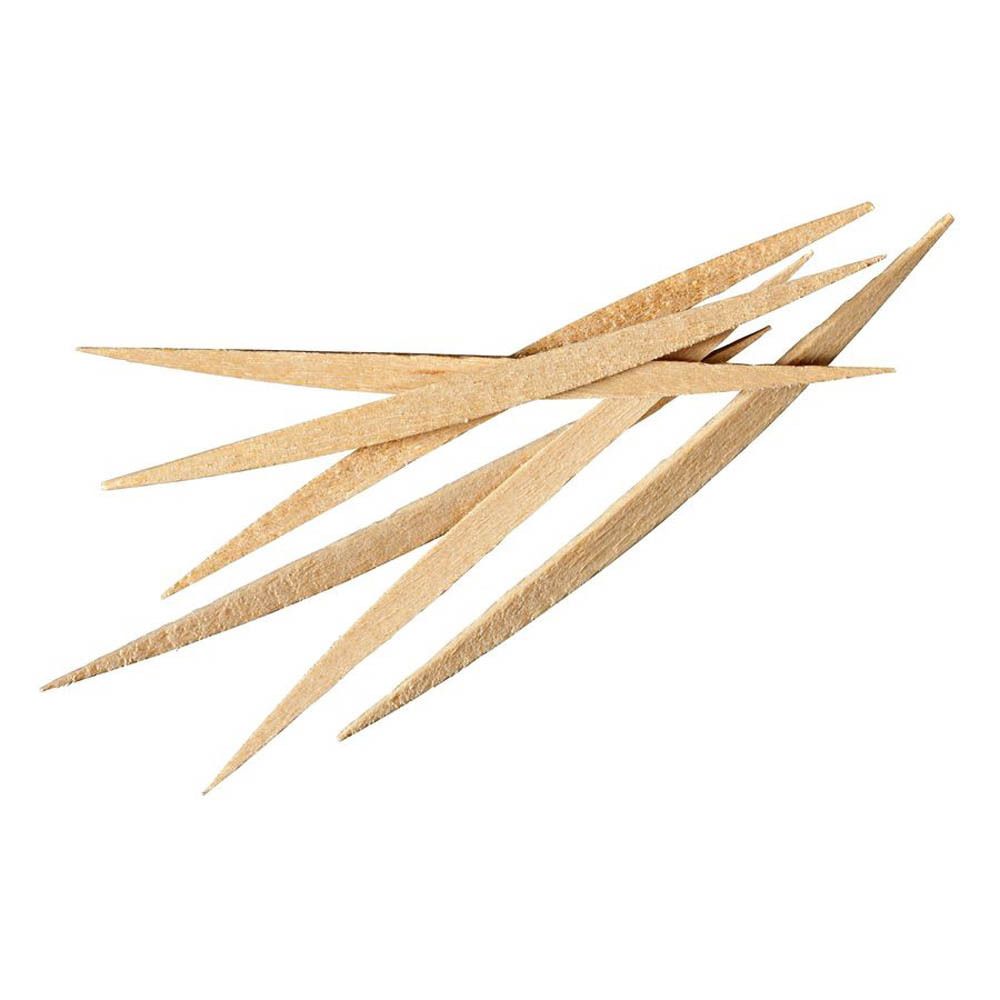 Plusieurs cure-dents extra fins en vrac. Bois, pointus, utilisables des deux côtés.
