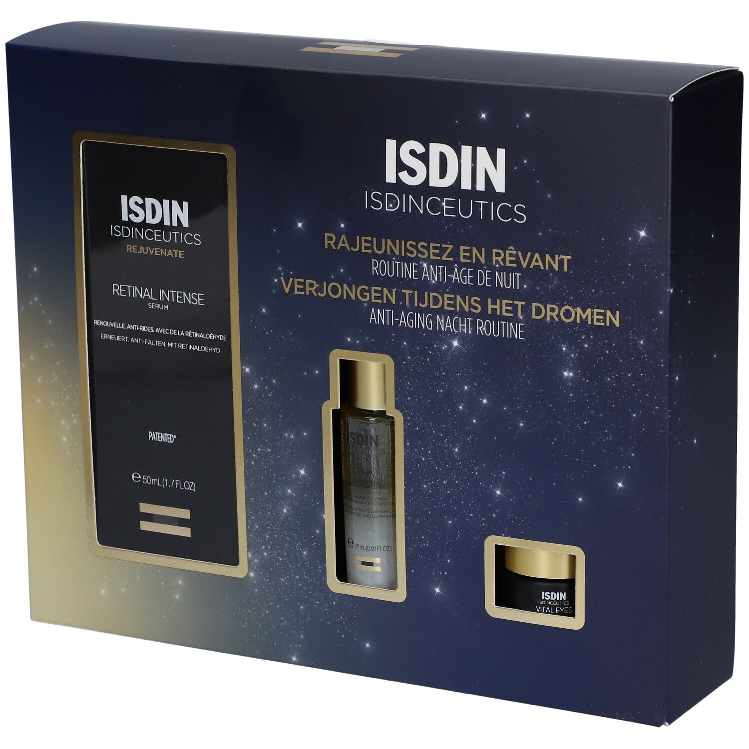 Coffret cadeau avec trois produits. Contient sérum, flacon et pot. Marque ISDIN, nom du produit sur l'emballage.