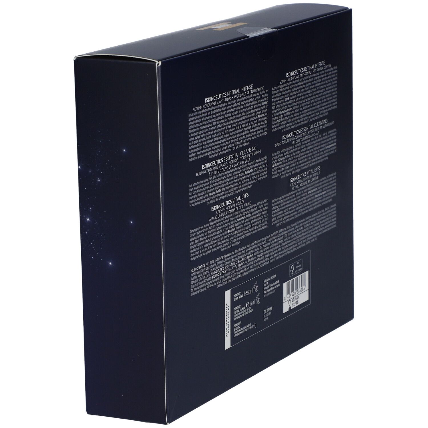 Vue oblique du dos du coffret cadeau. Texte multilingue. Marque ISDIN.