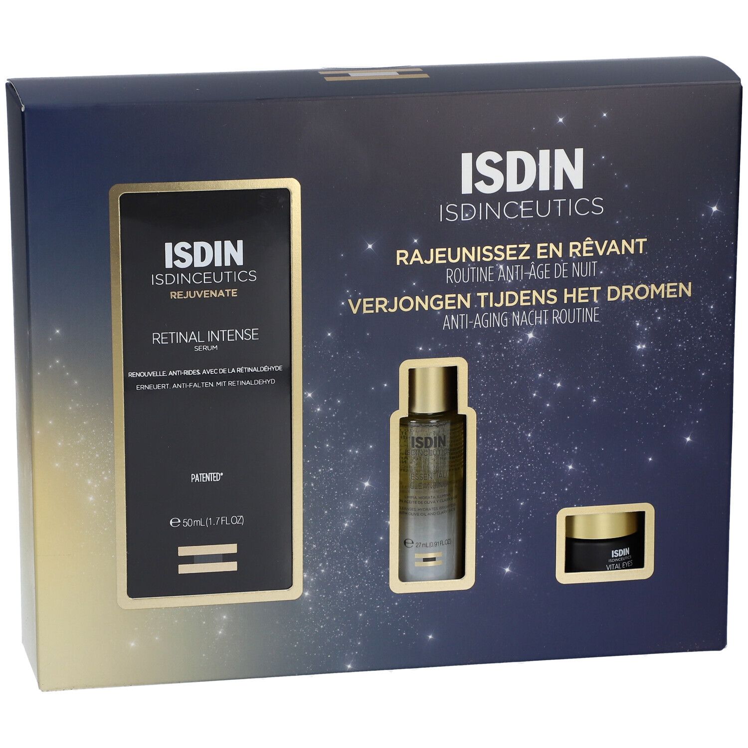 Coffret cadeau avec trois produits. Contient sérum, flacon et pot. Marque ISDIN, nom du produit sur l'emballage.