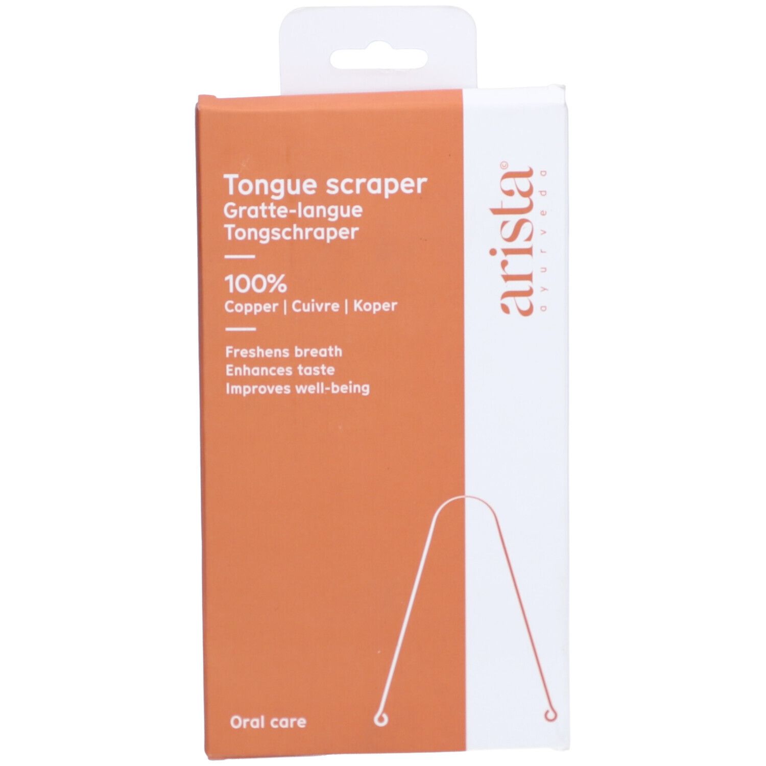 Emballage de gratte-langue "Arista". Boîte orange et blanche avec nom du produit, indication du matériau et logo. "Oral care" en bas.