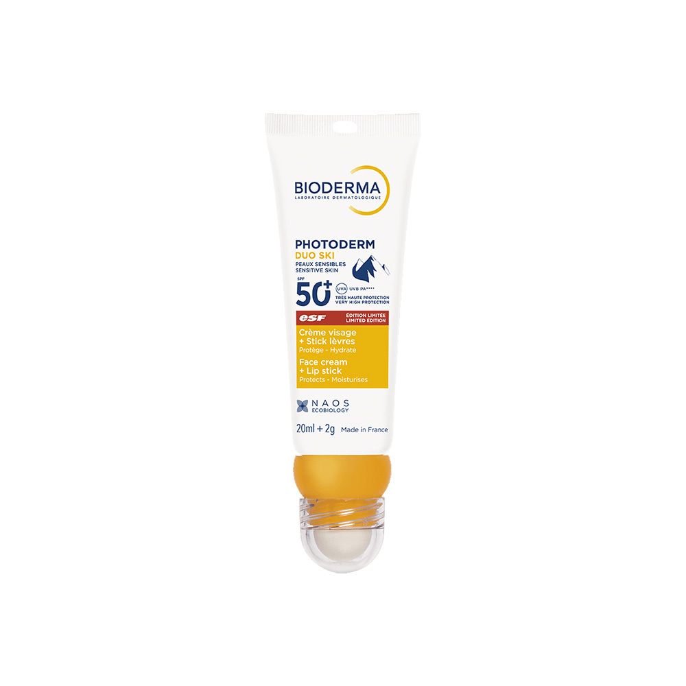 Tube BIODERMA Photoderm Duo Ski SPF50+. Crème et stick lèvres. Applicateur roll-on. Produit sur fond blanc.