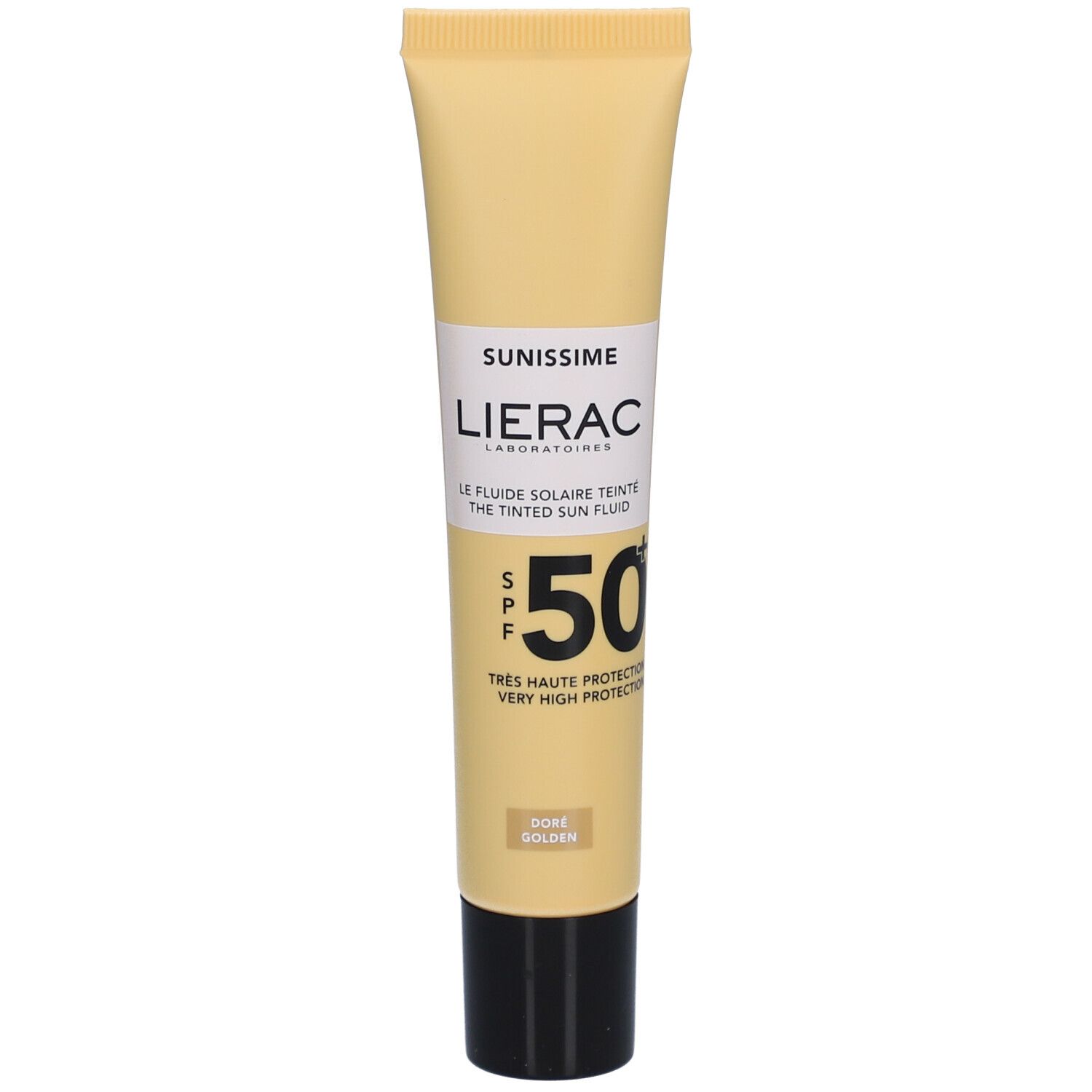 Tube beige avec bouchon noir. Inscription: Lierac Sunissime, SPF 50. Teinte: Doré Golden.