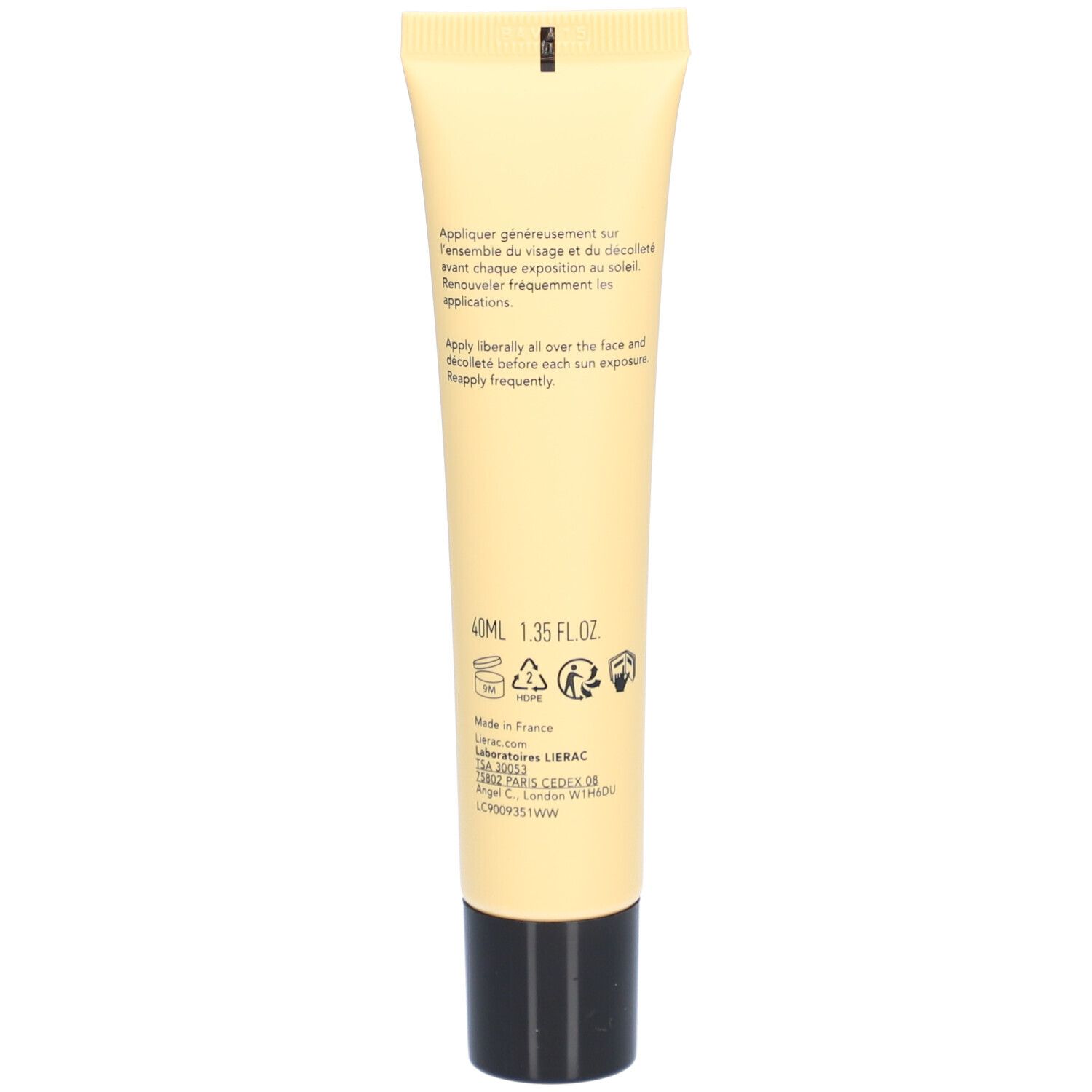 Dos d'un tube beige. Texte: instructions d'utilisation, ingrédients, informations fabricant.