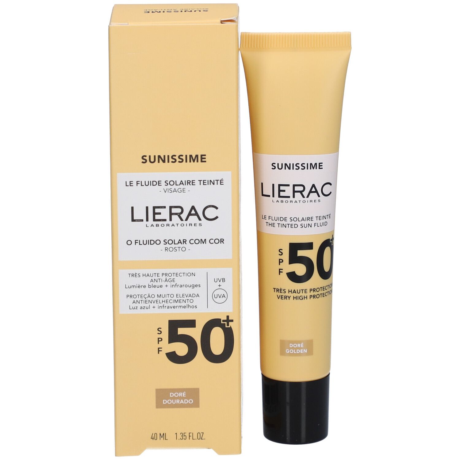 Emballage produit avec tube. Inscription: Lierac Sunissime, SPF 50. Teinte: Doré Golden. Symbole UV.