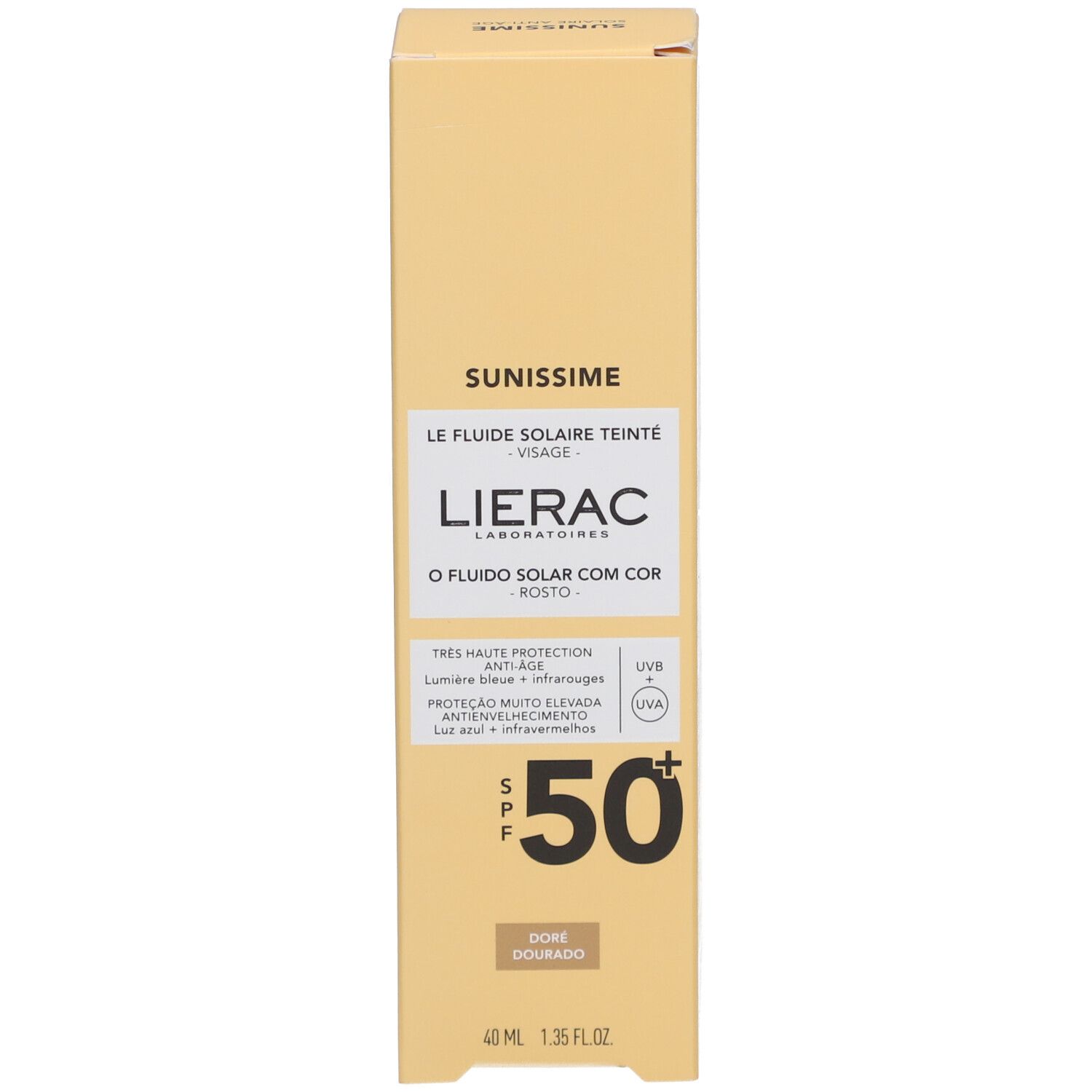 Emballage produit. Inscription: Lierac Sunissime, SPF 50. Teinte: Doré Golden. Symbole UV.