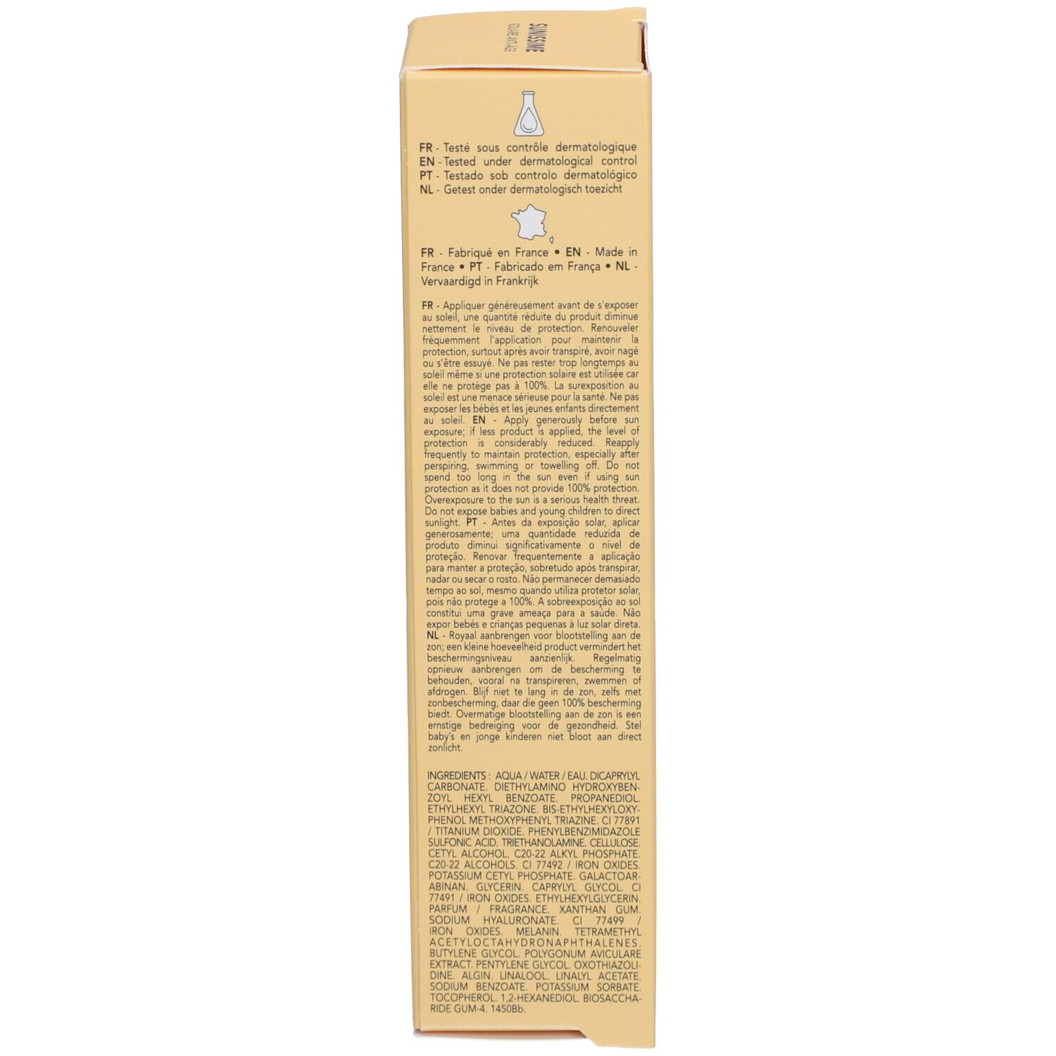Emballage produit. Texte: instructions d'utilisation, ingrédients, informations fabricant.