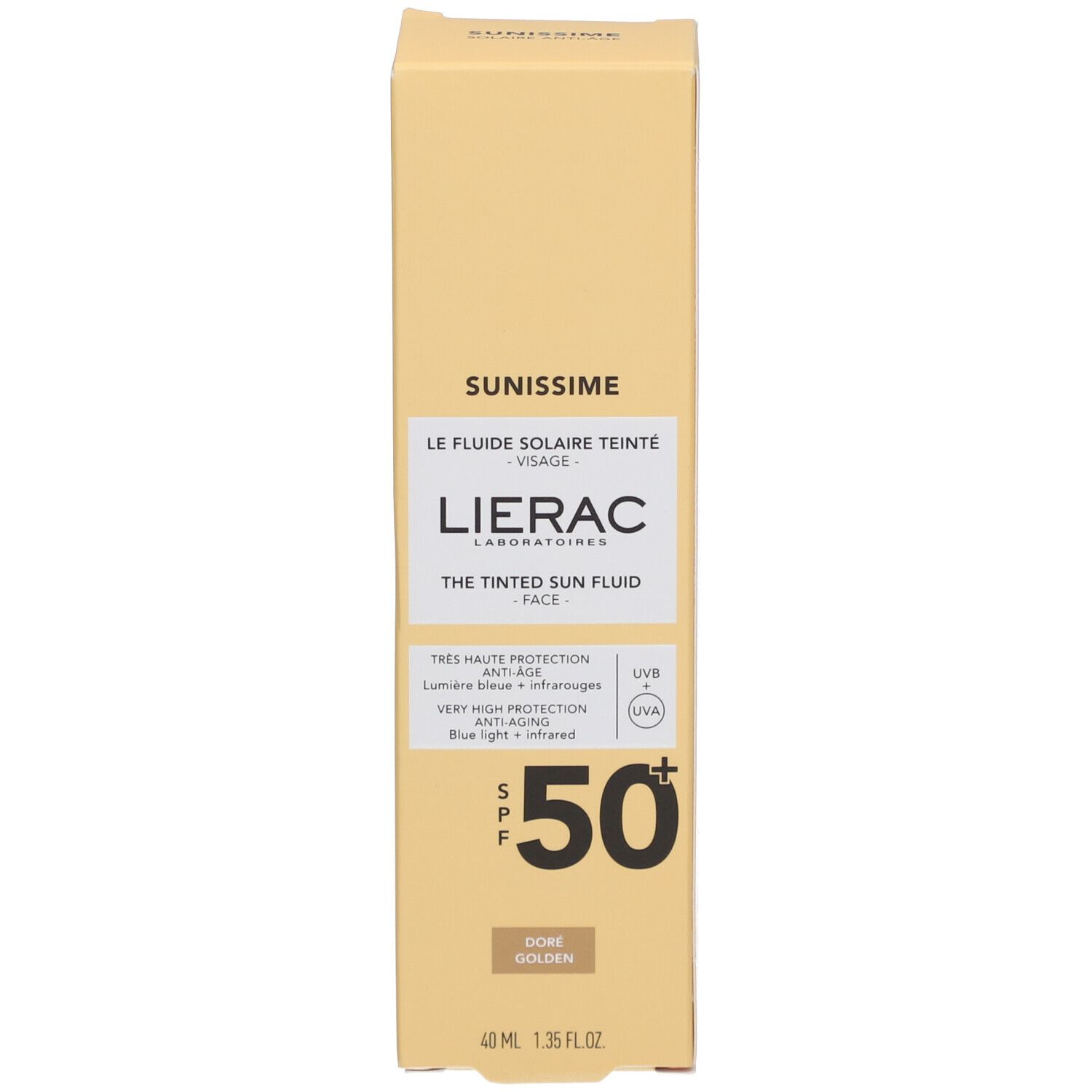 Emballage produit. Inscription: Lierac Sunissime, SPF 50. Teinte: Doré Golden. Symbole UV.