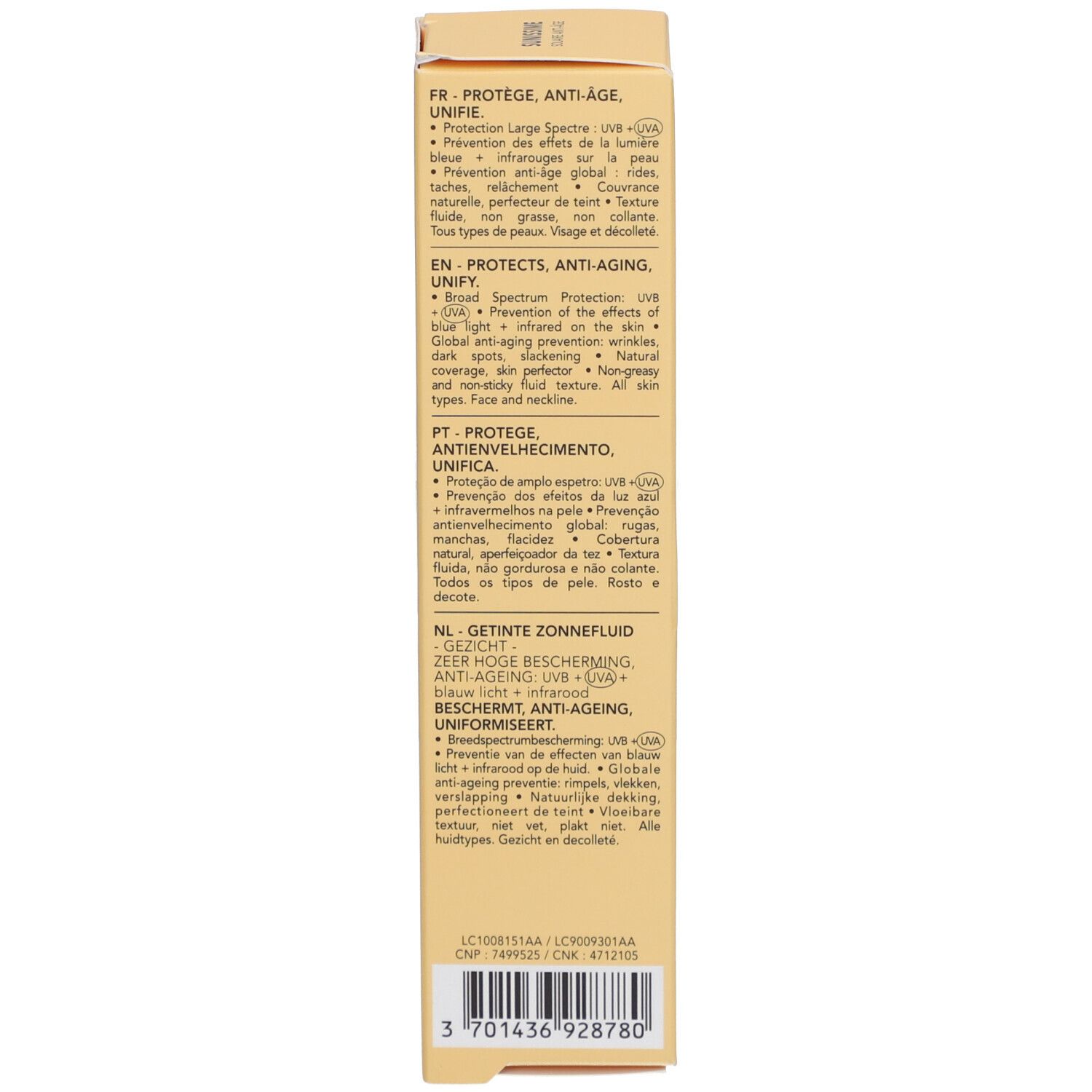 Emballage produit. Texte: protection UV, infrarouge, lumière bleue. Tous types de peau.