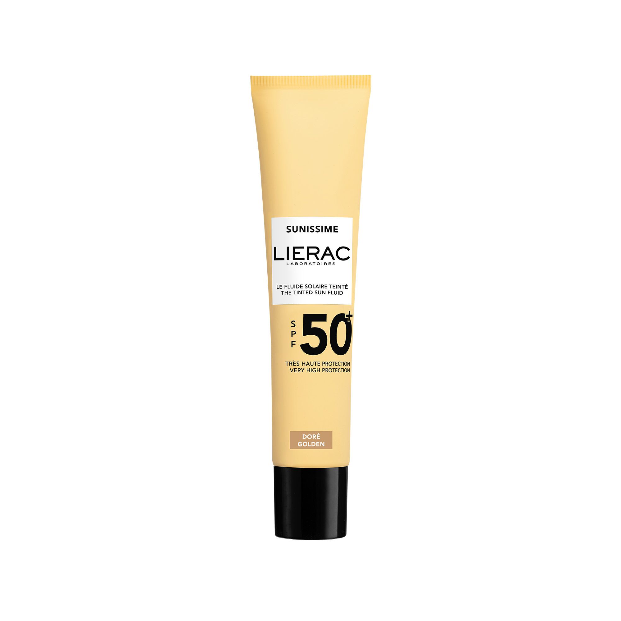 Tube beige avec bouchon noir. Inscription: Lierac Sunissime, SPF 50. Teinte: Dore Golden.