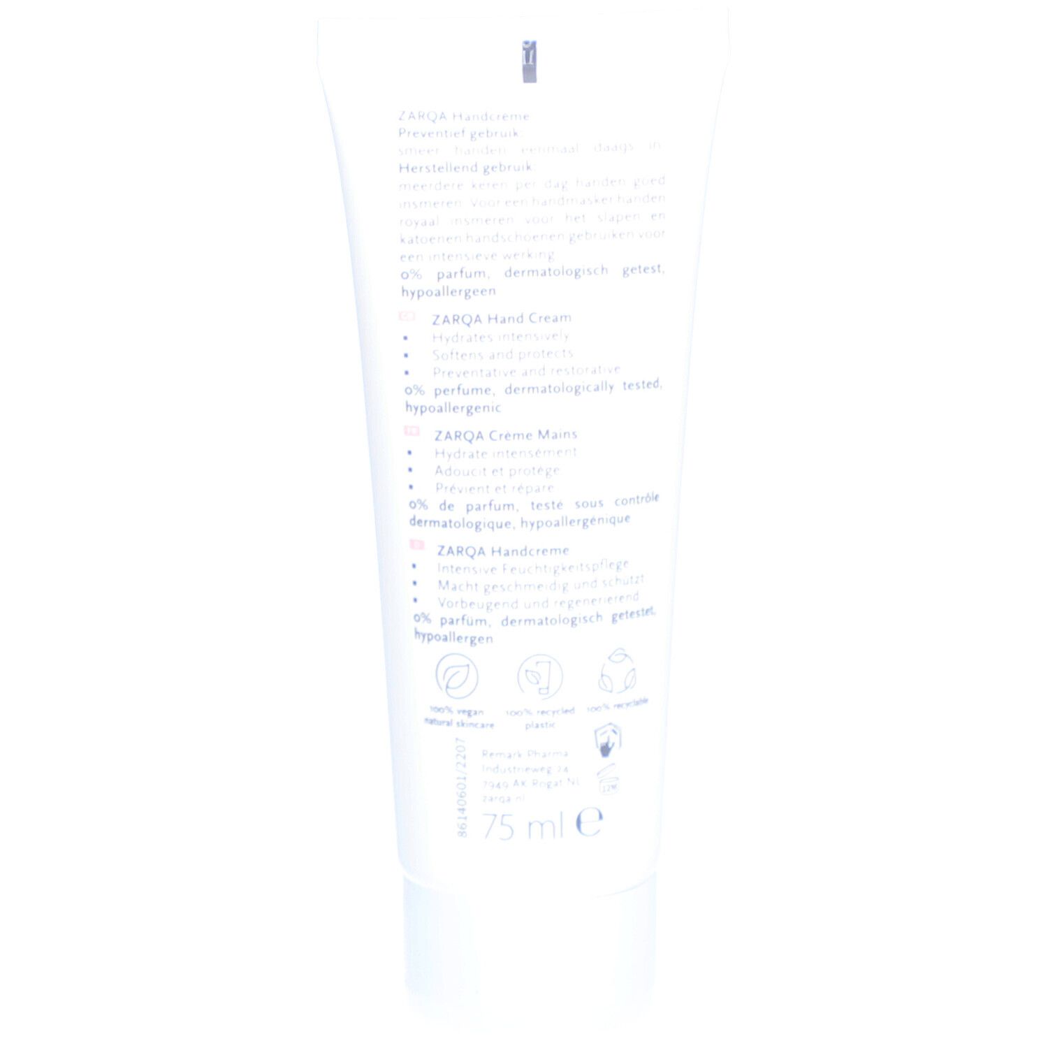 Dos d'un tube blanc. Texte en plusieurs langues. Contient des informations sur la crème pour les mains. 75 ml.