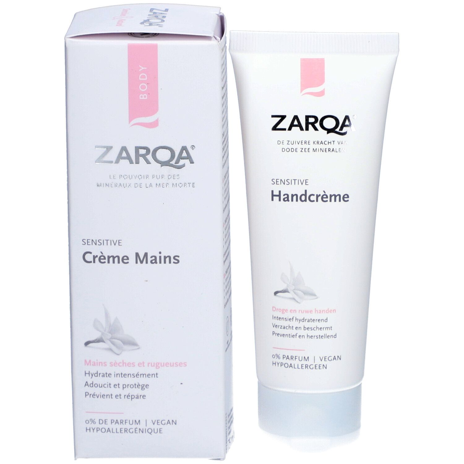 Boîte blanche et tube de crème pour les mains. Inscription: Zarqa, Sensitive Crème Mains. Texte en français. 0% Parfum, Vegan, Hypoallergénique.