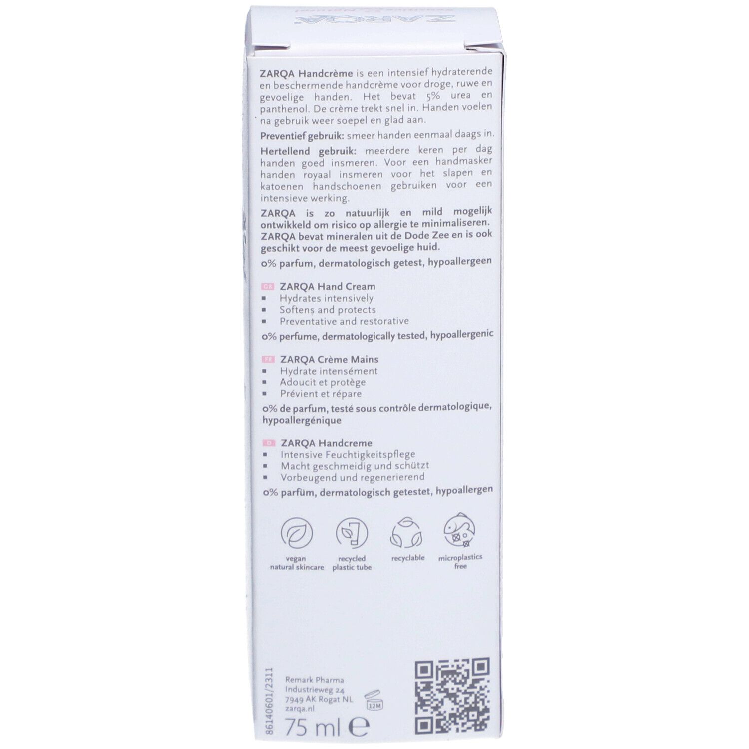 Dos d'une boîte blanche. Texte en plusieurs langues. Contient des informations sur la crème pour les mains. 75 ml.