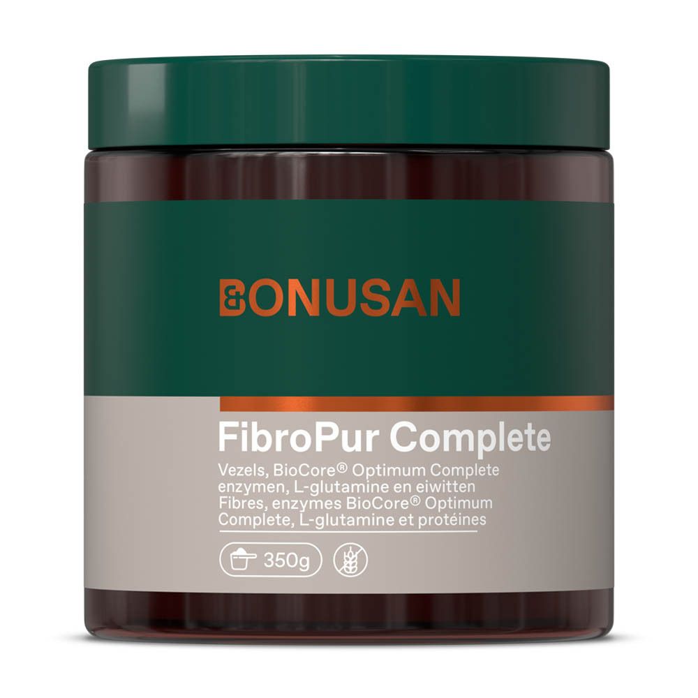 Pot brun avec couvercle vert. Inscription: FibroPur Complete, Bonusan. 350g.