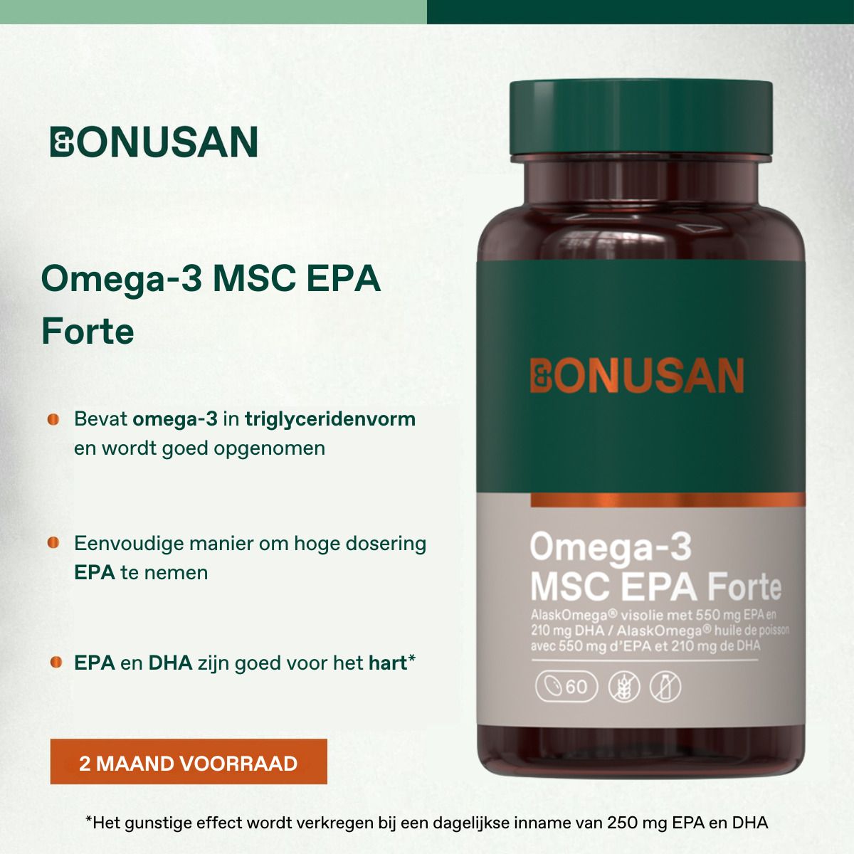 Flacon vert avec gélules. Inscription: Omega-3 MSC EPA Forte. Avantages EPA et DHA. 2 mois d'approvisionnement.
