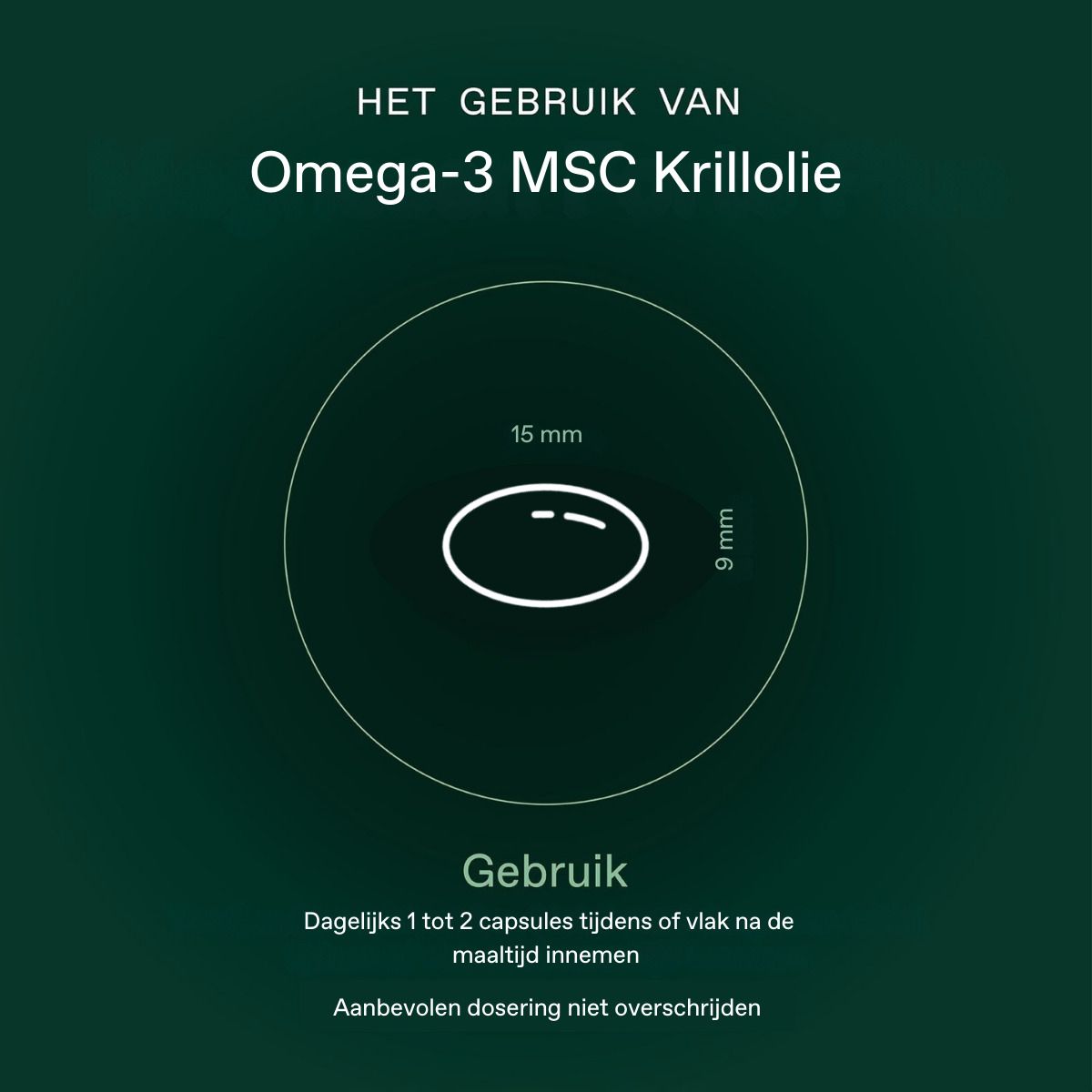 Utilisation de l'huile de krill oméga-3 MSC. Symbole de capsule. 15 mm x 9 mm. 1-2 gélules par jour.