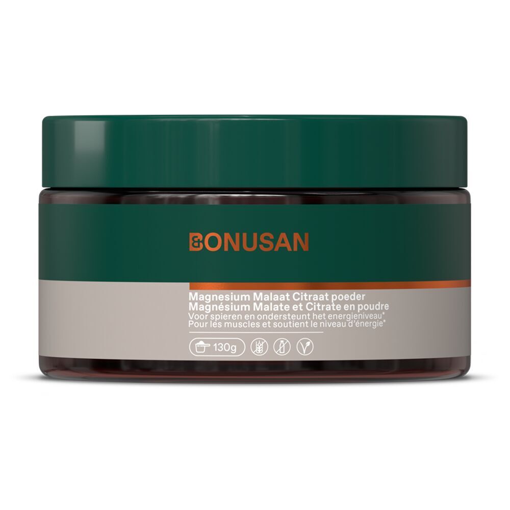 Bonusan Magnésium Malate et Citrate en poudre dans un pot brun avec couvercle vert. 130g.