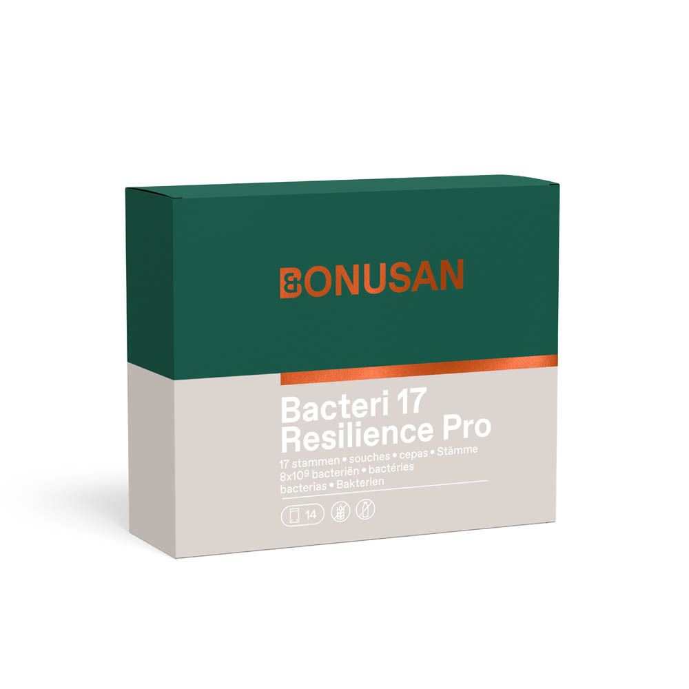 Boîte Bonusan Bacteri 17 Resilience Pro, vue de côté. Emballage vert et gris.