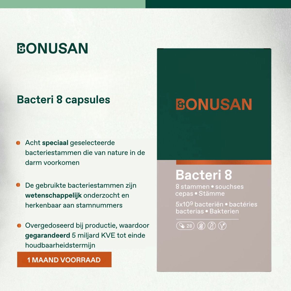 Bonusan Bacteri 8. Informations produit. Huit souches bactériennes. Boîte de 28 gélules. Design vert et blanc.