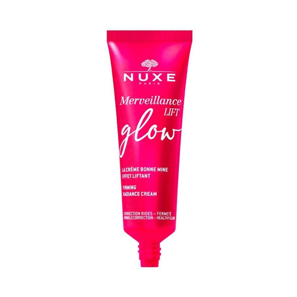 Arrière d'un tube de crème Nuxe Merveillance Lift Glow avec instructions d'application.