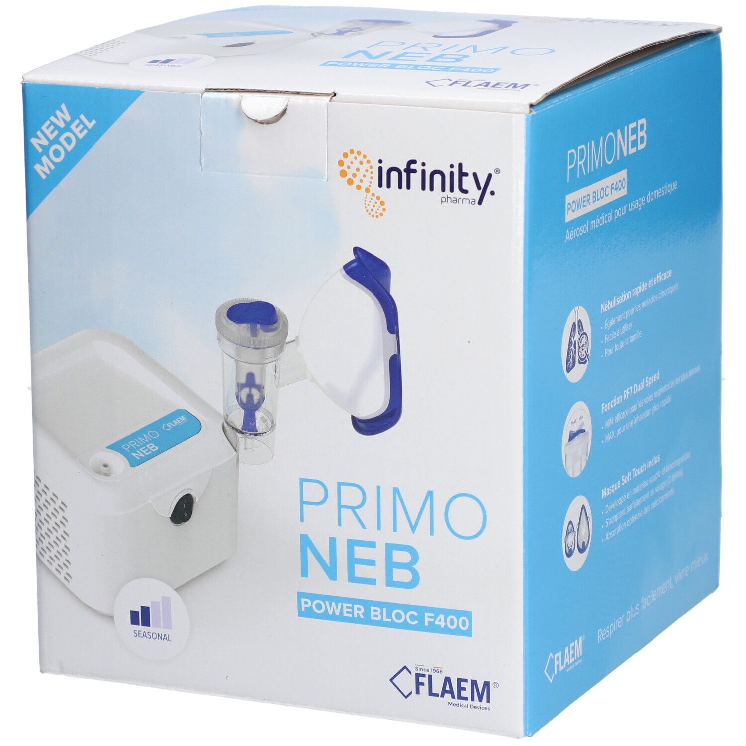 Appareil d'aérosol Primo Neb dans son emballage. Boîte bleue et blanche avec image du produit et logos. Logo Flaem en bas.