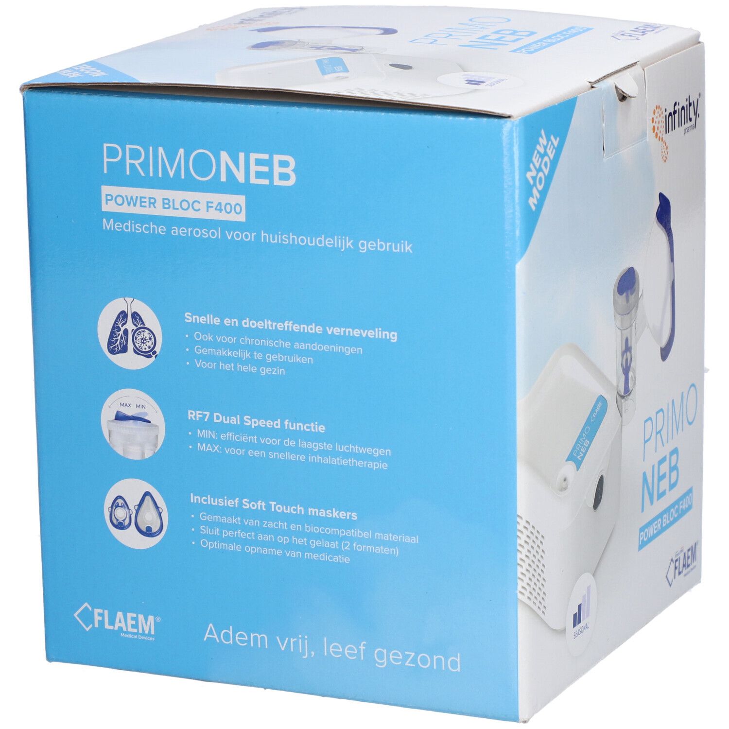 Emballage de l'appareil d'aérosol Primo Neb. Boîte bleue avec images et texte du produit. Logo Flaem en bas.