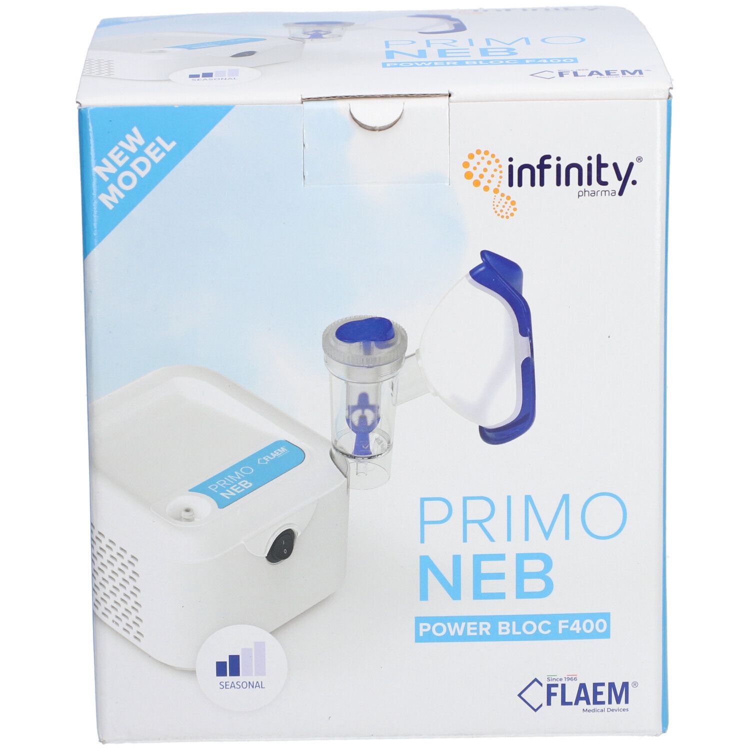 Appareil d'aérosol Primo Neb dans son emballage. Boîte bleue et blanche avec image du produit et logos. Logo Flaem en bas.
